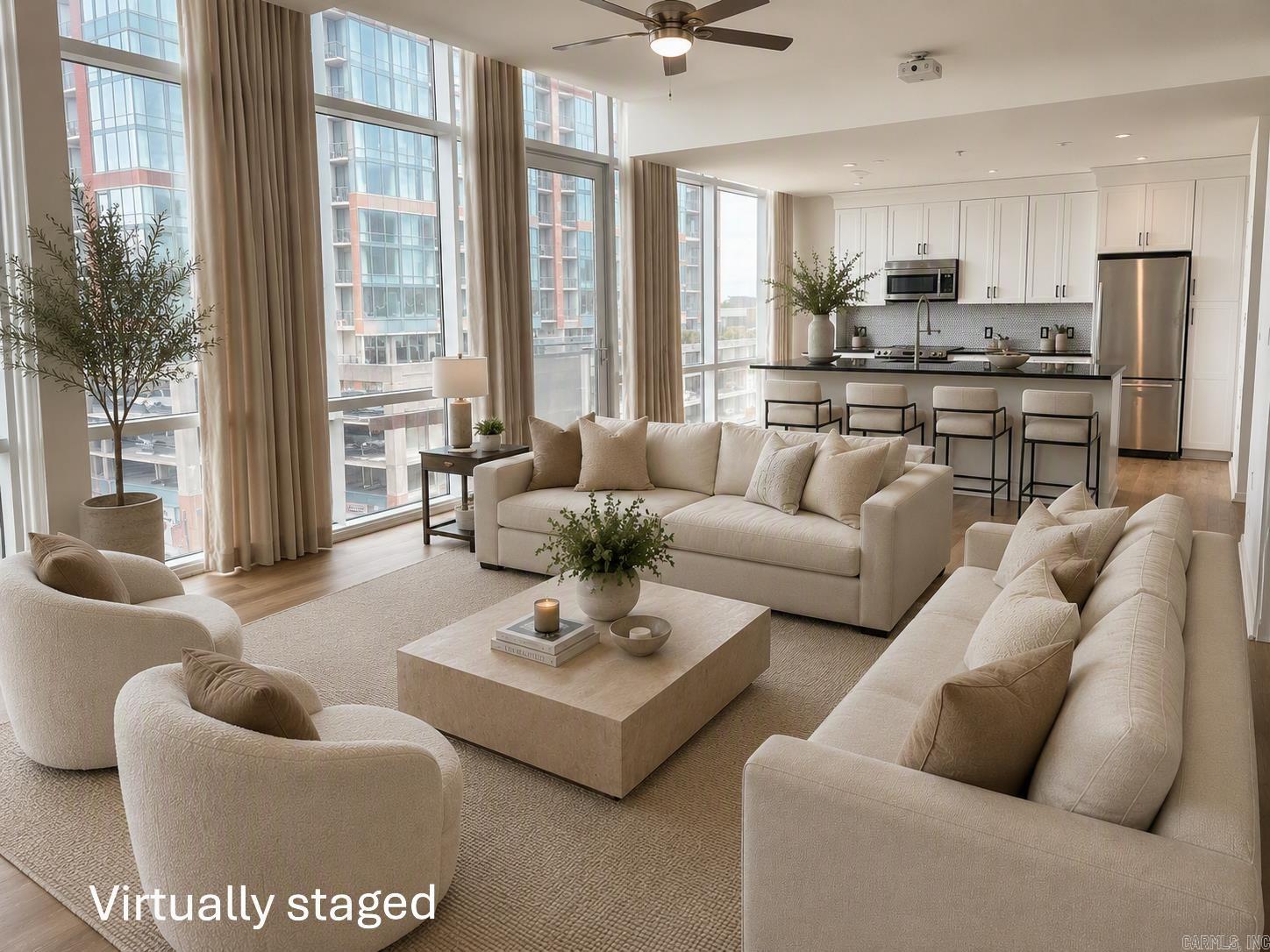 AI staged living room and kitchen open plan