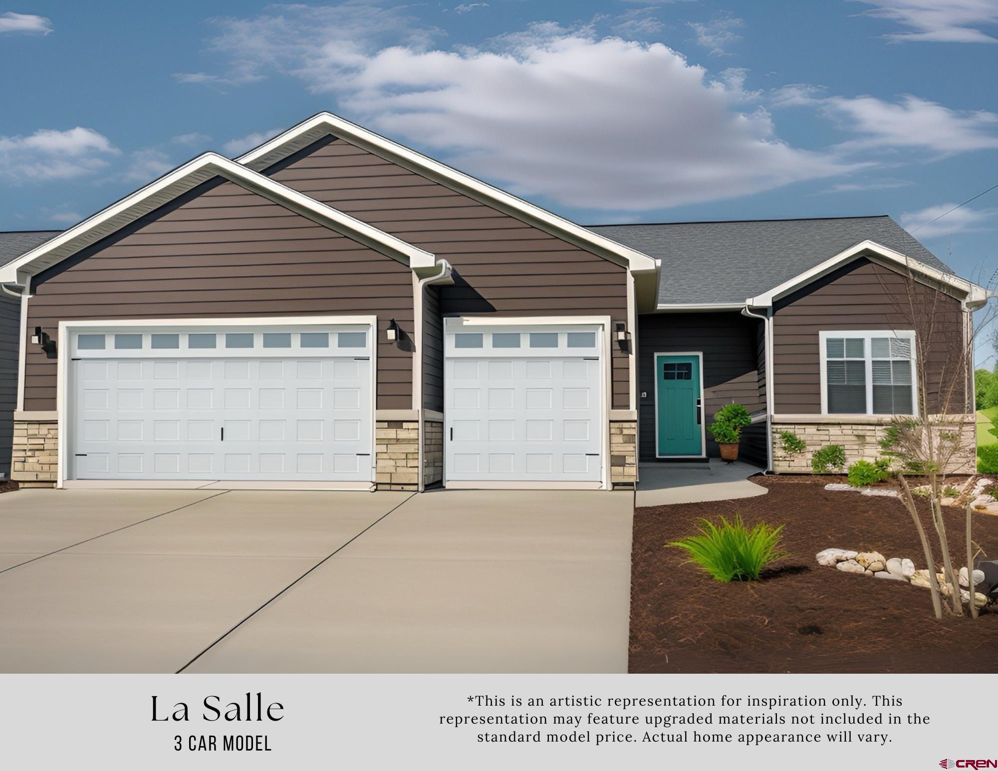 UNDER CONSTRUCTION with an estimated completion in mid-April 2026. This beautifully crafted LaSalle model offers 1,609 square feet of thoughtfully designed living space and a spacious three-car garage, built by one of Montrose’s premier builders. Designed with a zero-step foundation, the home provides seamless entry from the front door, garage, and back patio, offering both convenience and long-term accessibility. Inside, the open-concept great room features a vaulted living room ceiling with a ceiling fan and a stunning gas fireplace that creates a warm, inviting focal point. The kitchen is equally impressive, showcasing a large island with room for barstools, a beautifully tiled backsplash, under-cabinet lighting, a pantry, and an upgraded stainless steel appliance package. The dining area is enhanced by a French door that opens to the back patio, perfect for indoor-outdoor living. The split floor plan offers both privacy and functionality. The primary suite features a vaulted ceiling with ceiling fan, a spacious walk-in closet, and a luxurious ensuite bath complete with a dual-sink vanity, beautifully tiled shower with a Euro door, a separate soaking tub, and a private toilet. One additional bedroom is located on the same side as the primary suite, while two more bedrooms and a full bath are situated on the opposite side of the home. Additional features include 9-foot ceilings, forced air gas heat, central air conditioning, an on-demand hot water heater, and a radon mitigation system already in place. The home’s exterior showcases excellent curb appeal with lap siding, shake accents in the eaves, and stone details. The large three-car garage includes primed and textured walls, while a convenient sidewalk leads from the driveway to the covered back porch. The fully fenced backyard features durable vinyl fencing and an irrigation backflow system for easy future landscaping. Located in a newer subdivision just minutes from downtown Montrose and the southern commercial district, this home offers the perfect blend of convenience, mountain views, sunshine, and quality craftsmanship—an exceptional opportunity to experience the very best of Montrose living. (Photo is of a rendition of the LaSalle model and actual exterior colors and stone placement may be different.  Additional photos provide the interior and exterior colors planned for this home. Builder has a model home where buyer can view finish level and colors planned.)