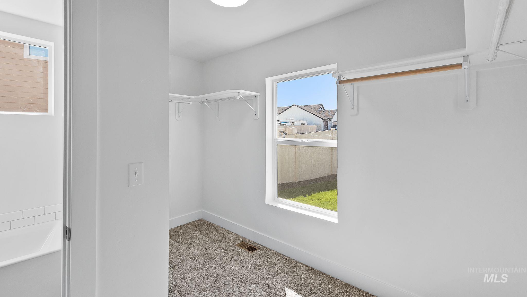 Spacious closet featuring light colored carpet