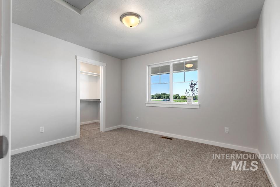 Unfurnished bedroom featuring carpet floors, a walk in closet, and a textured ceiling