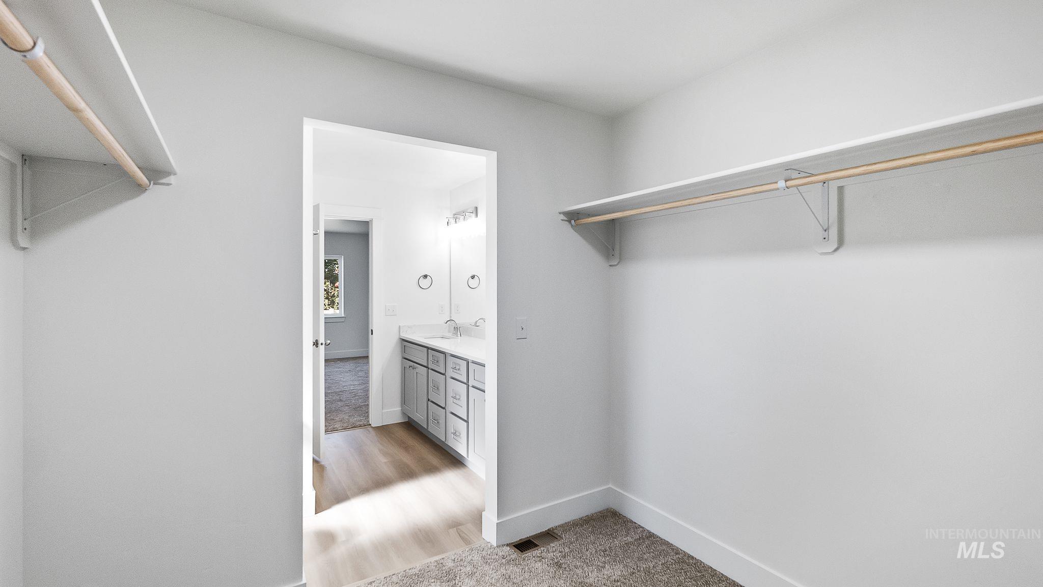 Walk in closet with light colored carpet