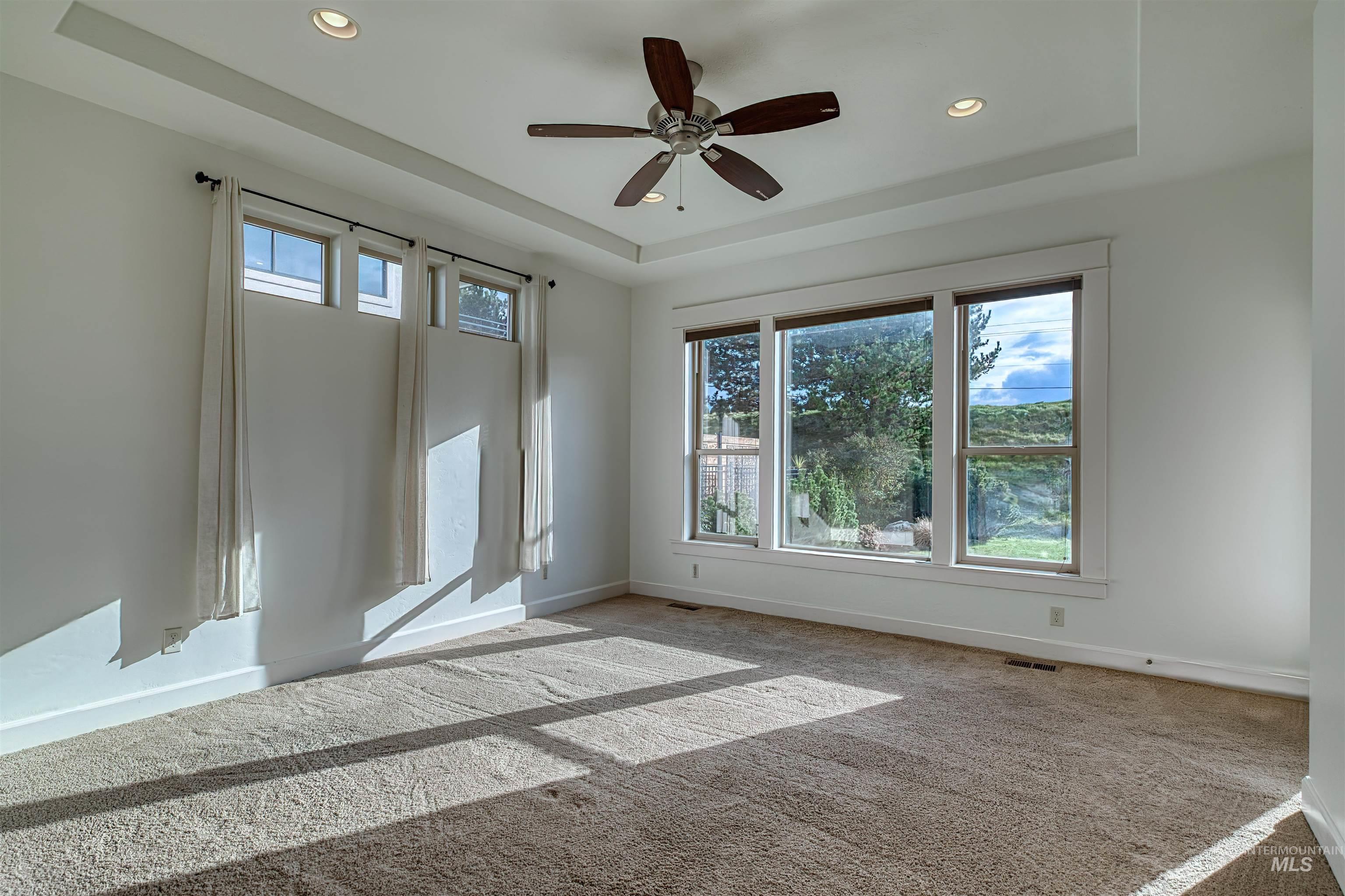 Carpeted spare room with a raised ceiling, healthy amount of natural light, ceiling fan, and recessed lighting