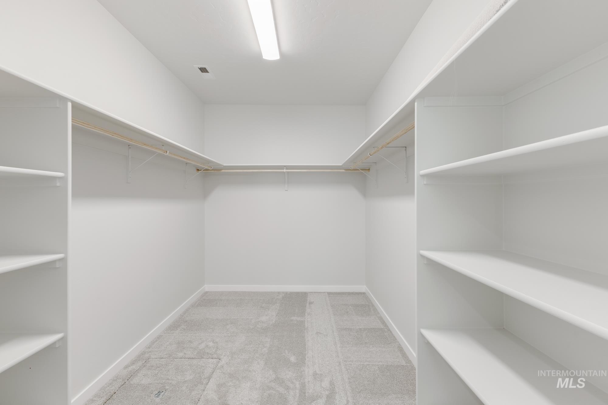 Spacious closet with light colored carpet