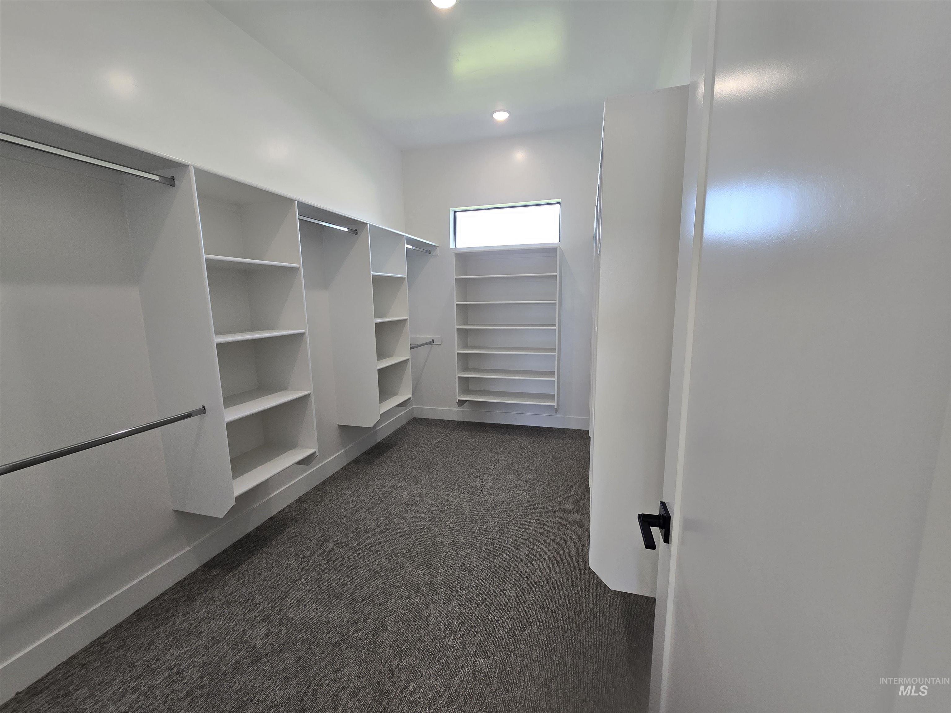 Walk in closet featuring dark colored carpet
