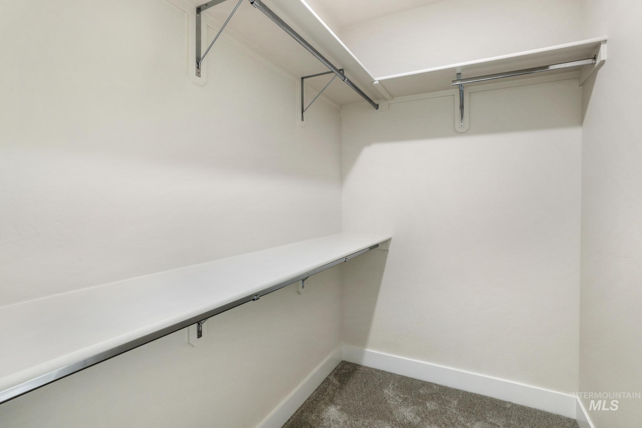 Walk in closet with dark colored carpet