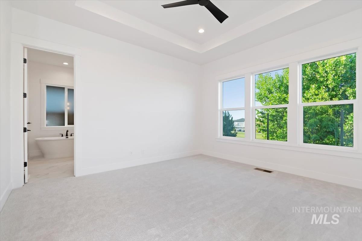 Spare room with light carpet, a raised ceiling, recessed lighting, and a ceiling fan