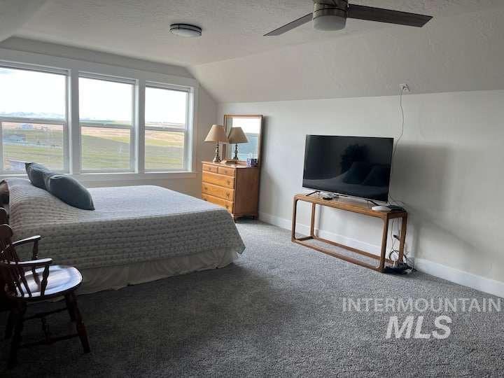 Carpeted bedroom with lofted ceiling, a ceiling fan, and a textured ceiling