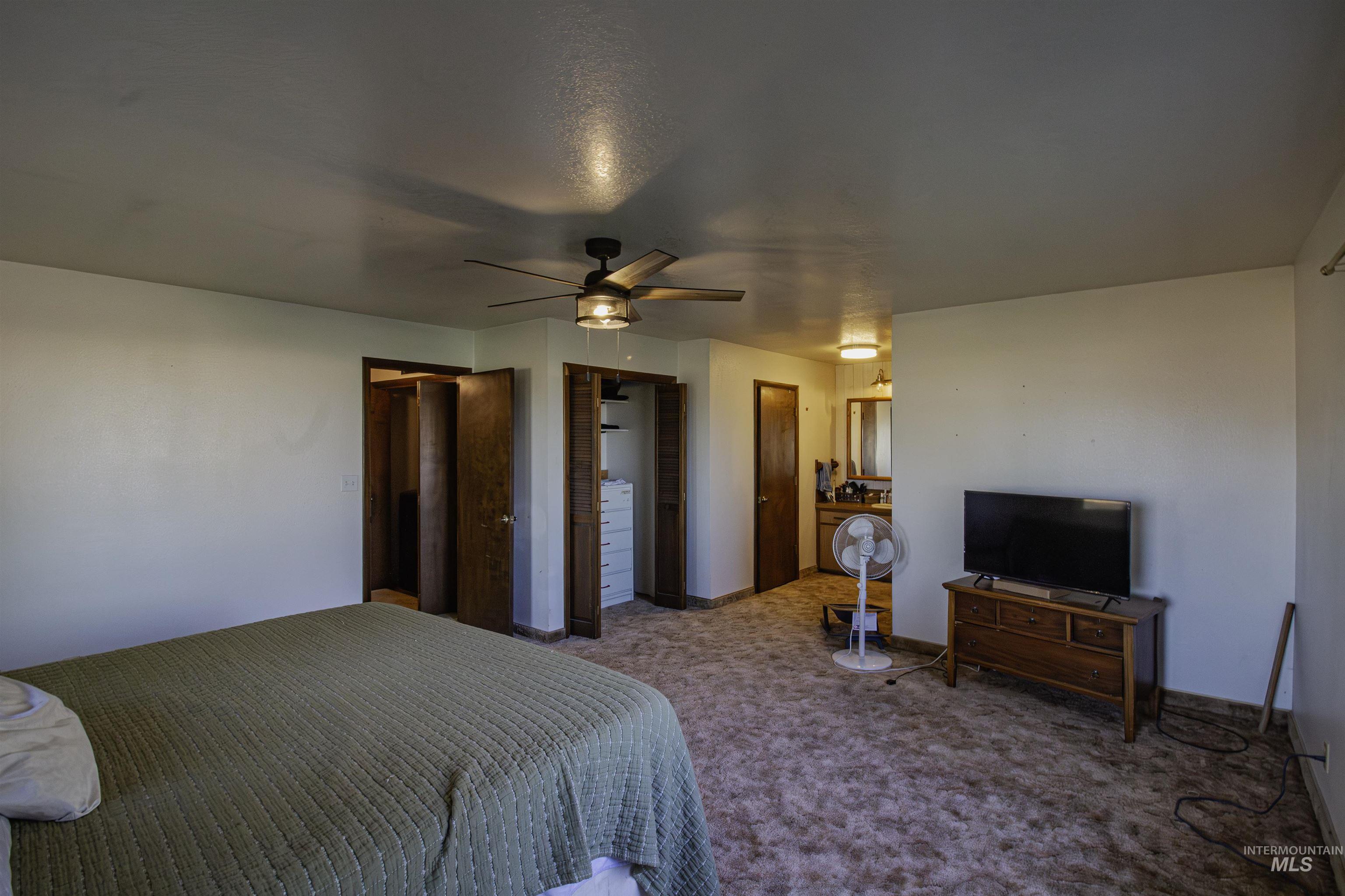 Bedroom featuring carpet floors, a ceiling fan, connected bathroom, and a closet