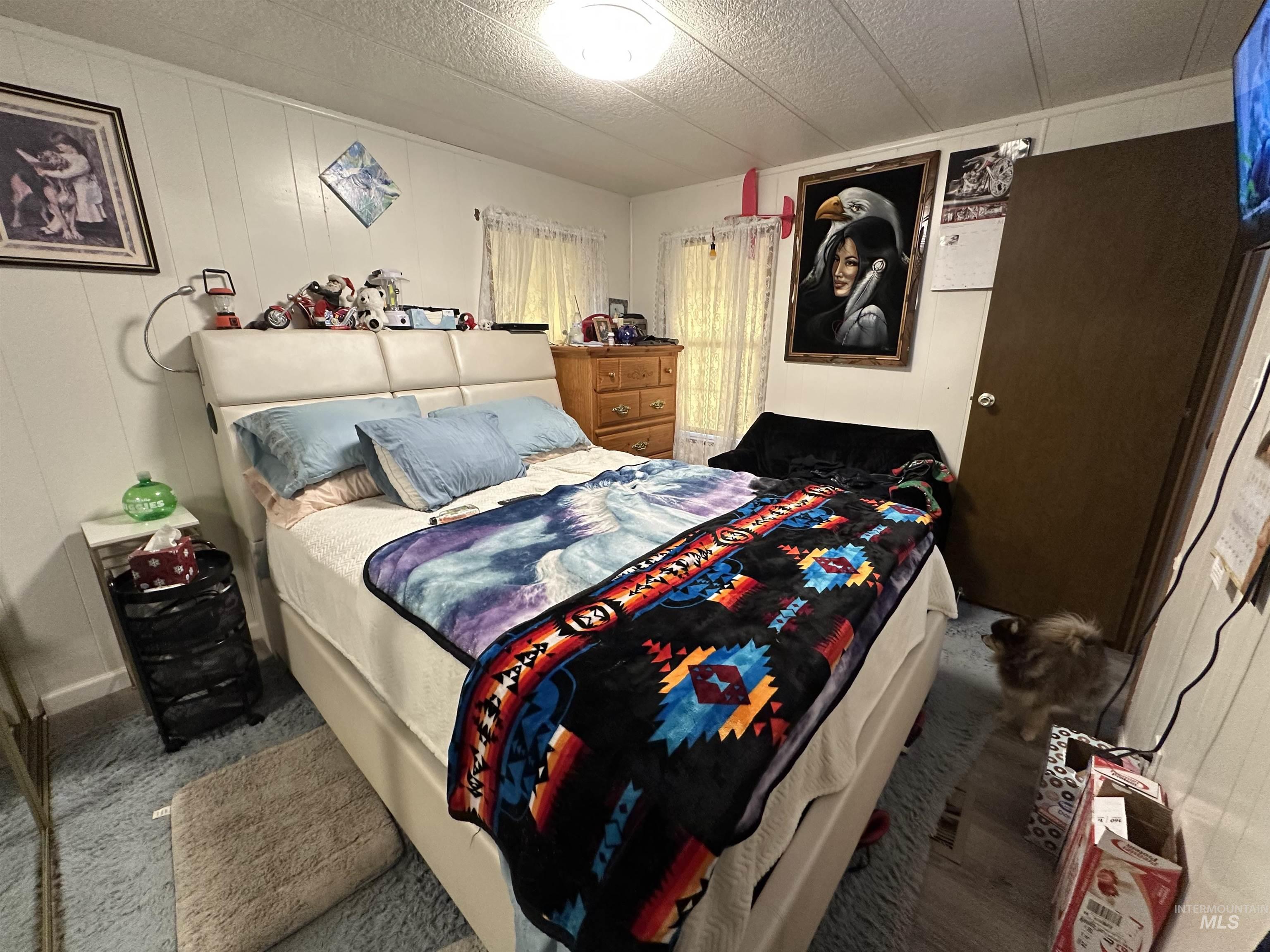 Carpeted bedroom featuring wooden walls