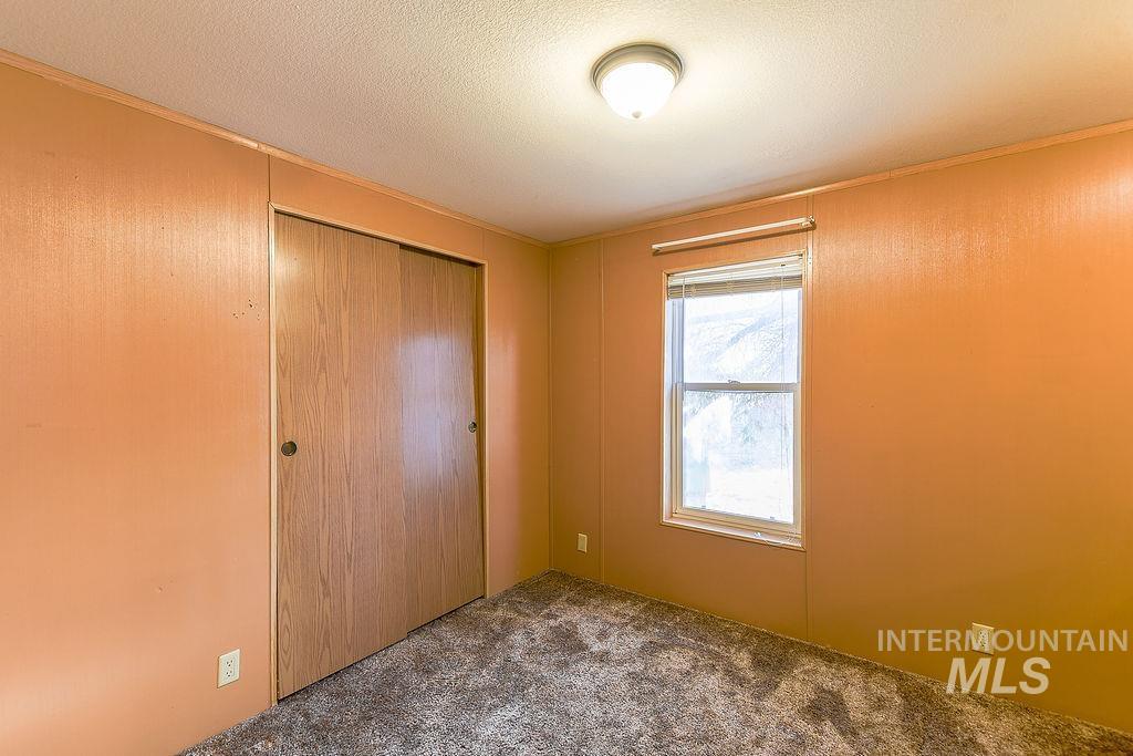Unfurnished bedroom featuring carpet, a closet, and a textured ceiling