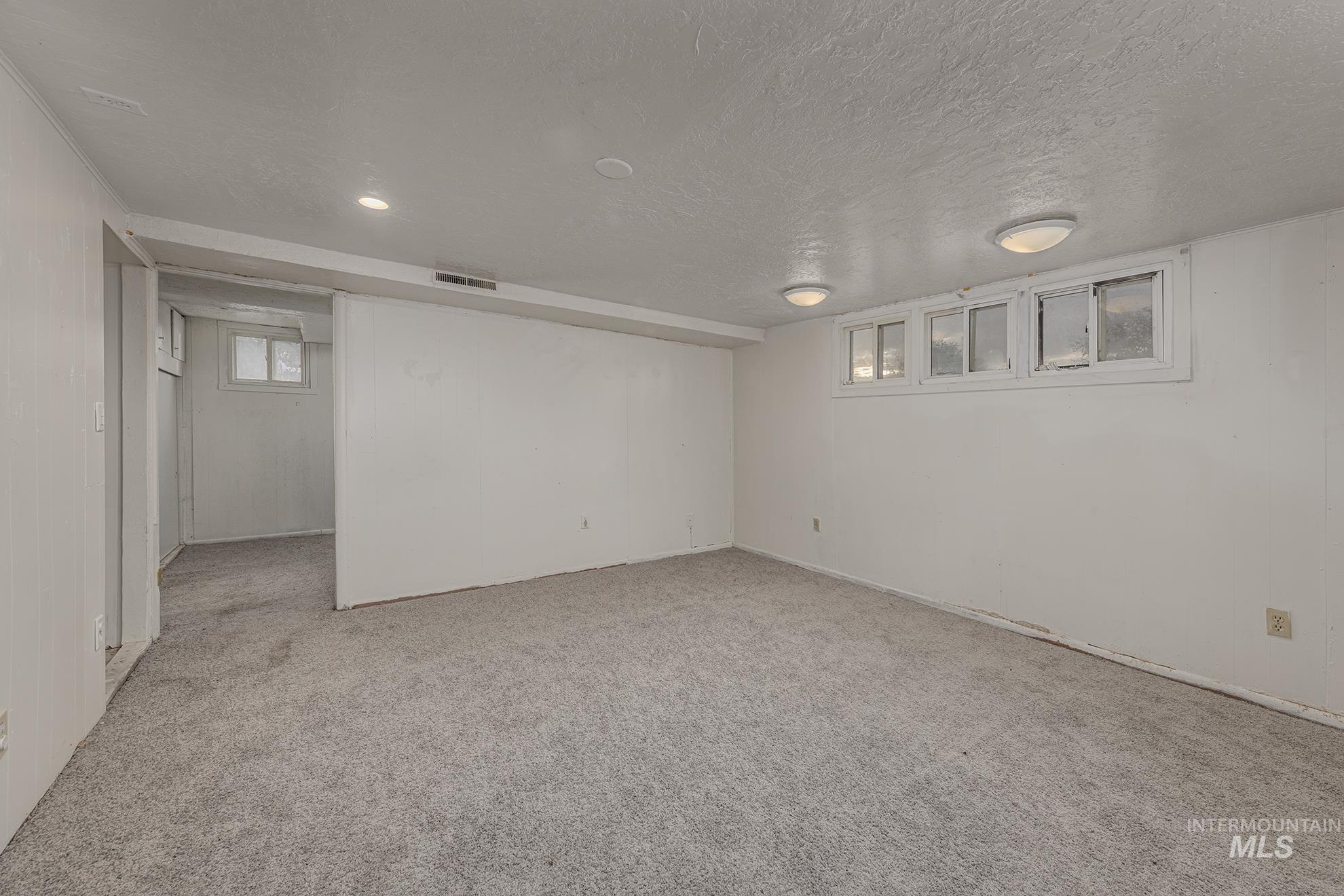 Basement featuring light colored carpet and a textured ceiling