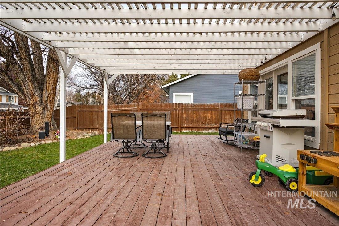 Deck featuring a fenced backyard and outdoor dining area