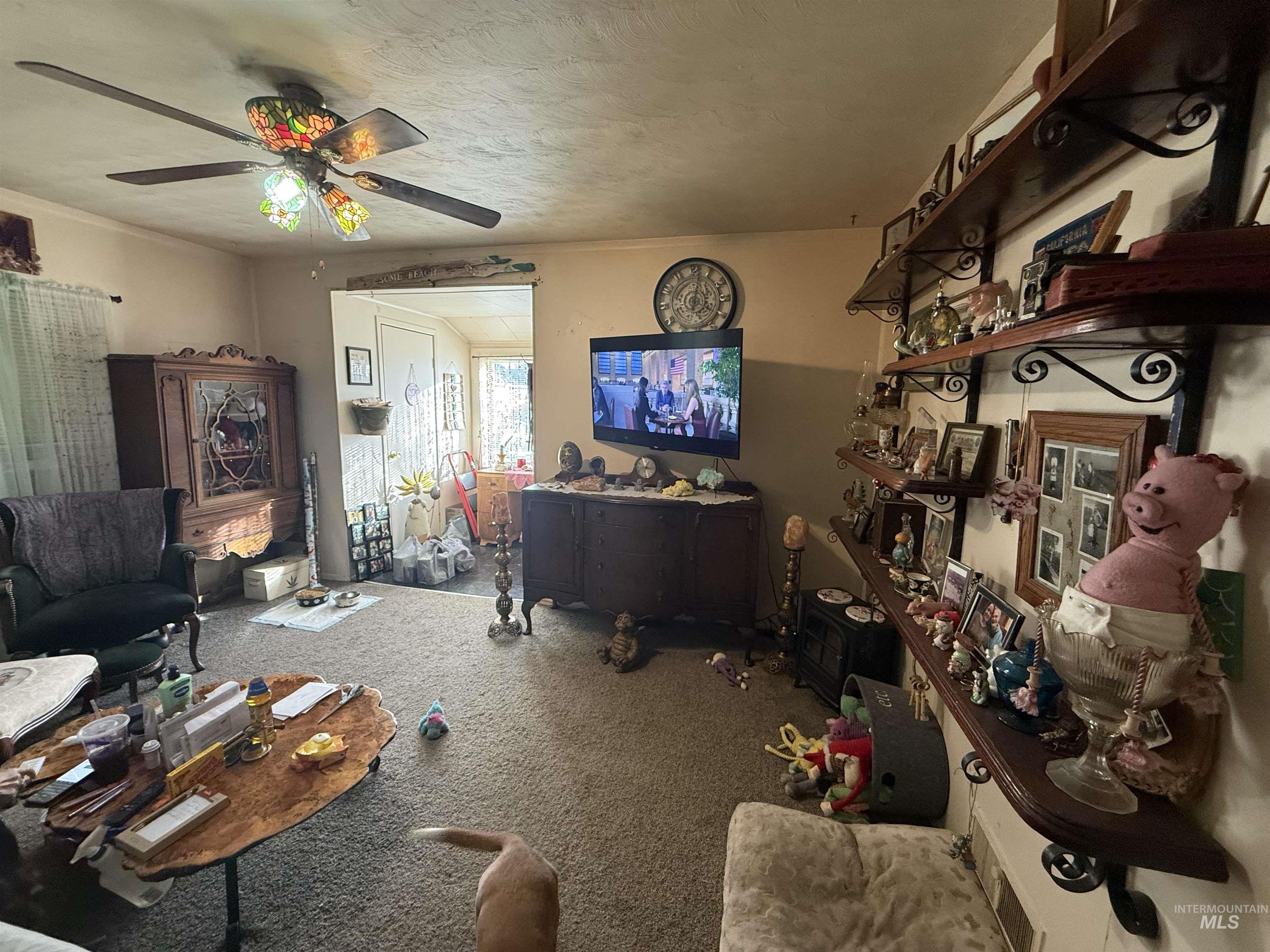 Carpeted living room featuring a ceiling fan and a textured ceiling