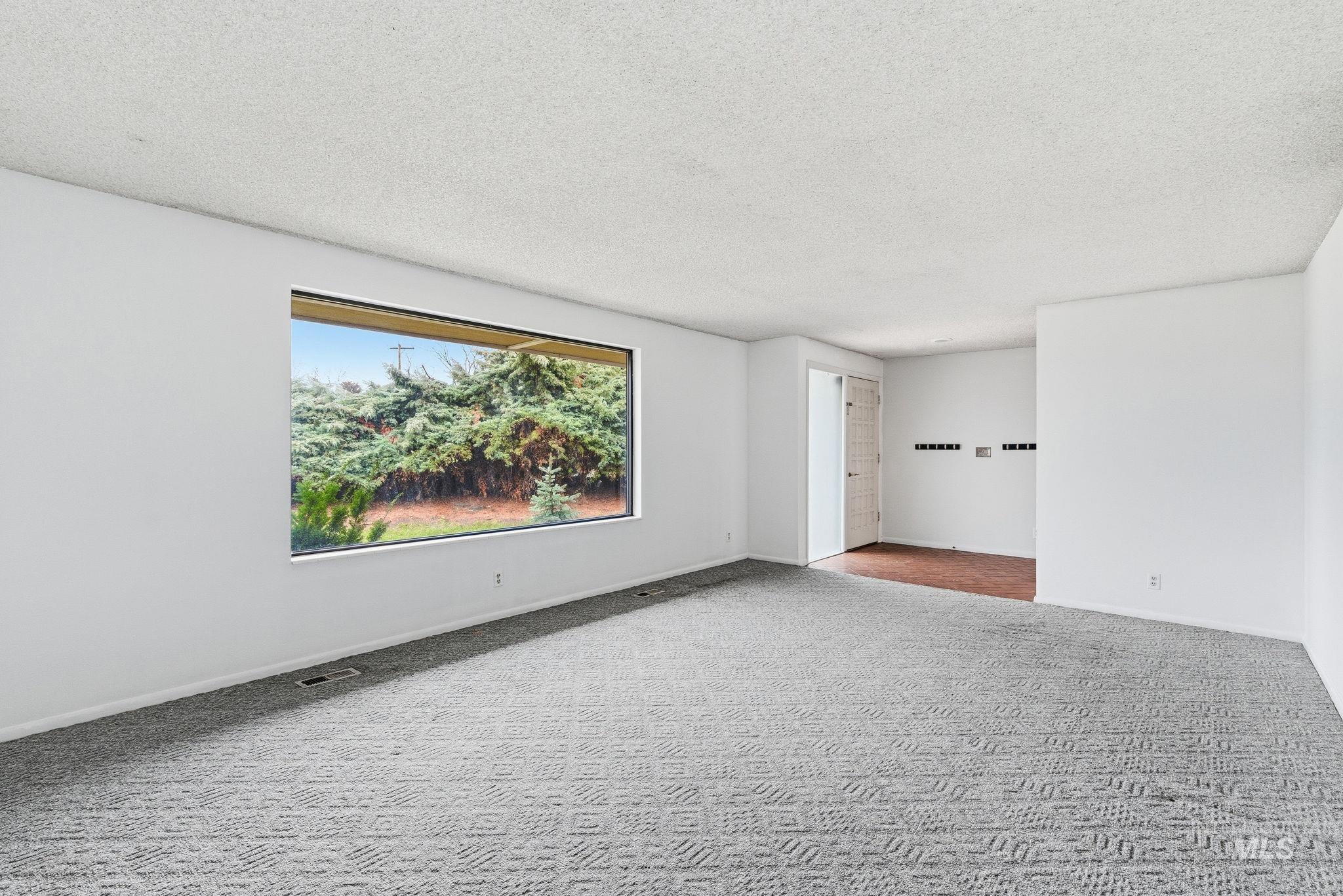 Unfurnished room featuring a textured ceiling and carpet
