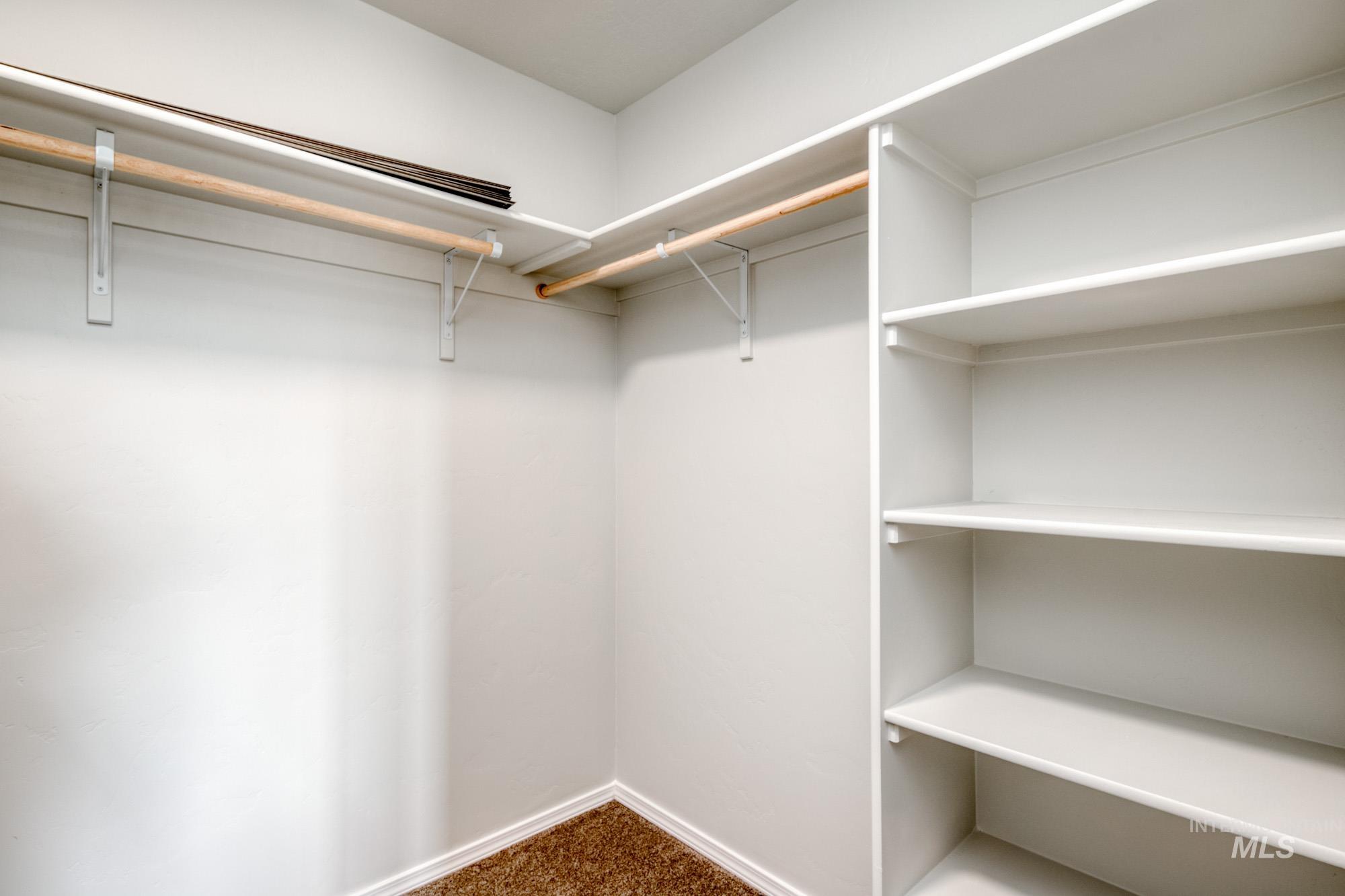 Walk in closet with dark colored carpet