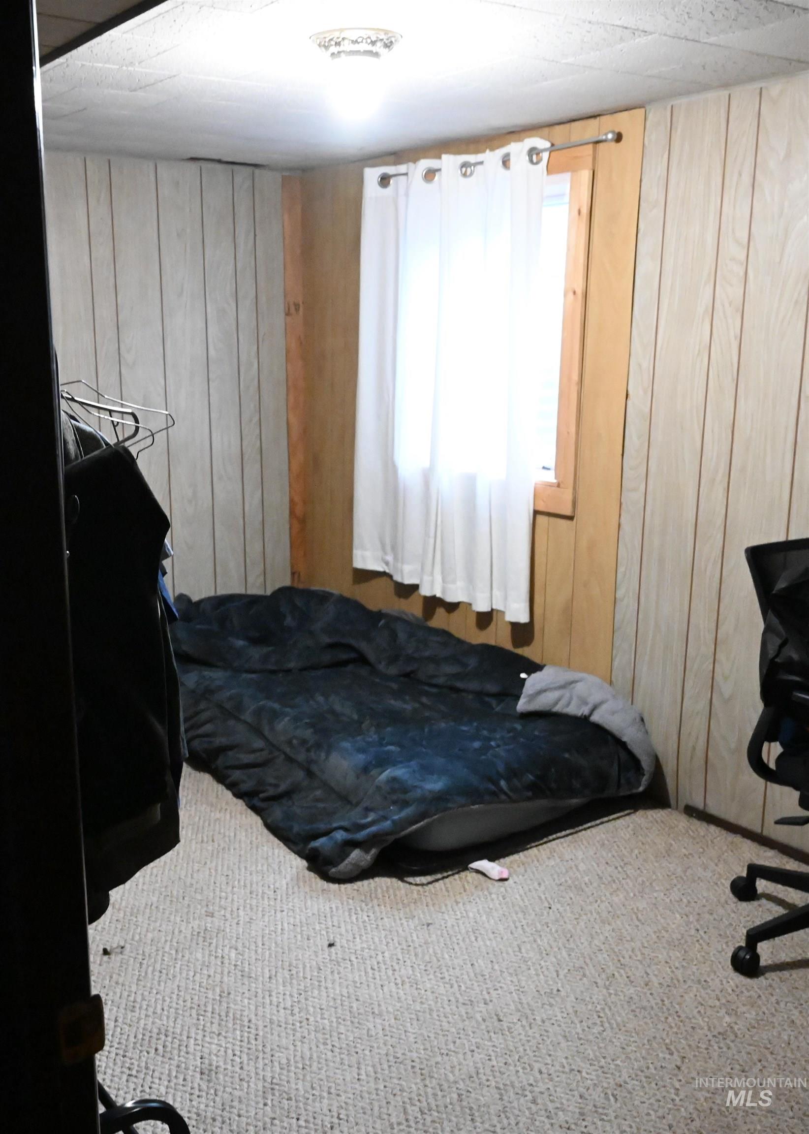 Bedroom with wooden walls and carpet