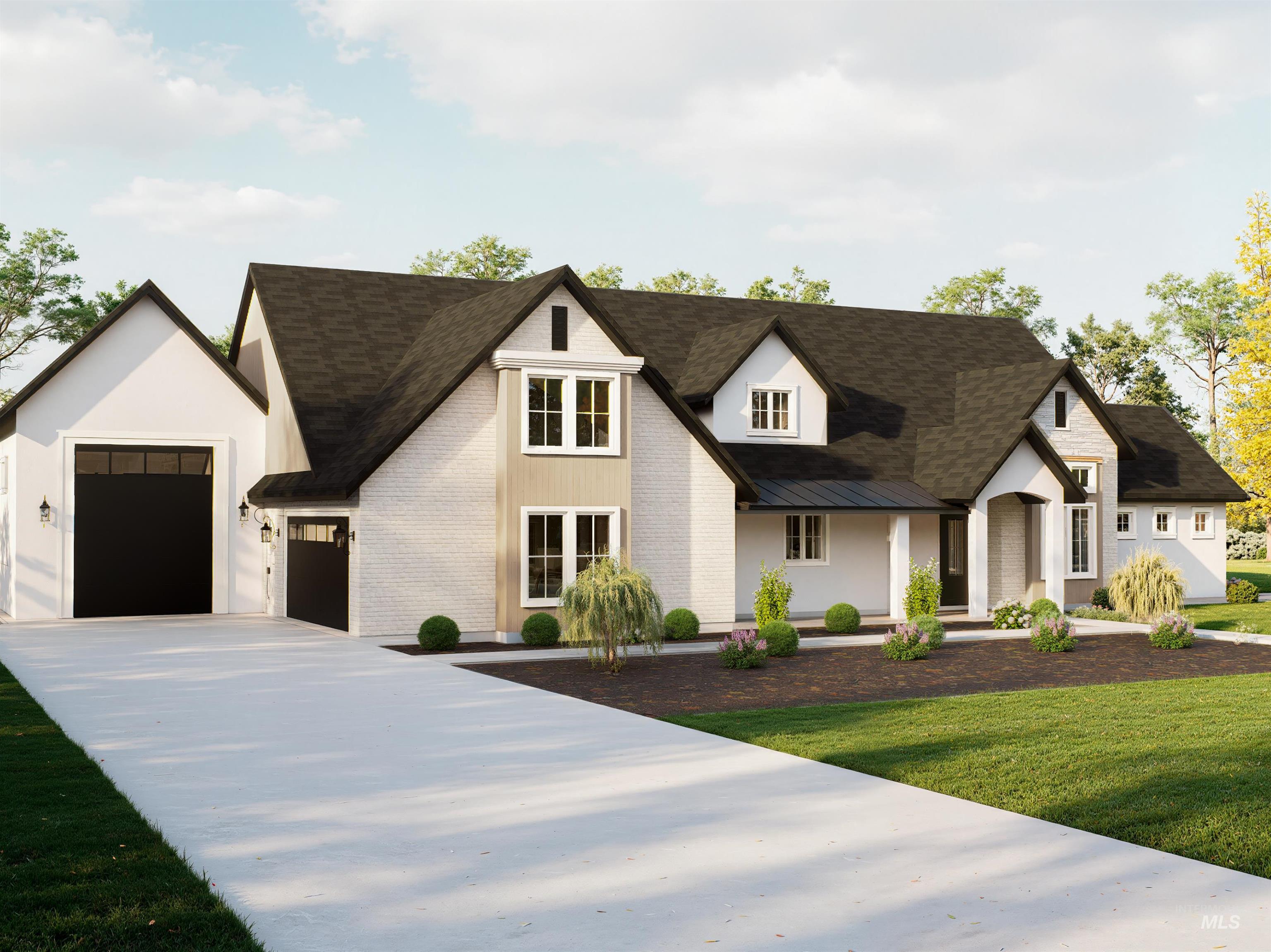 View of front facade with driveway, a front lawn, brick siding, and a shingled roof
