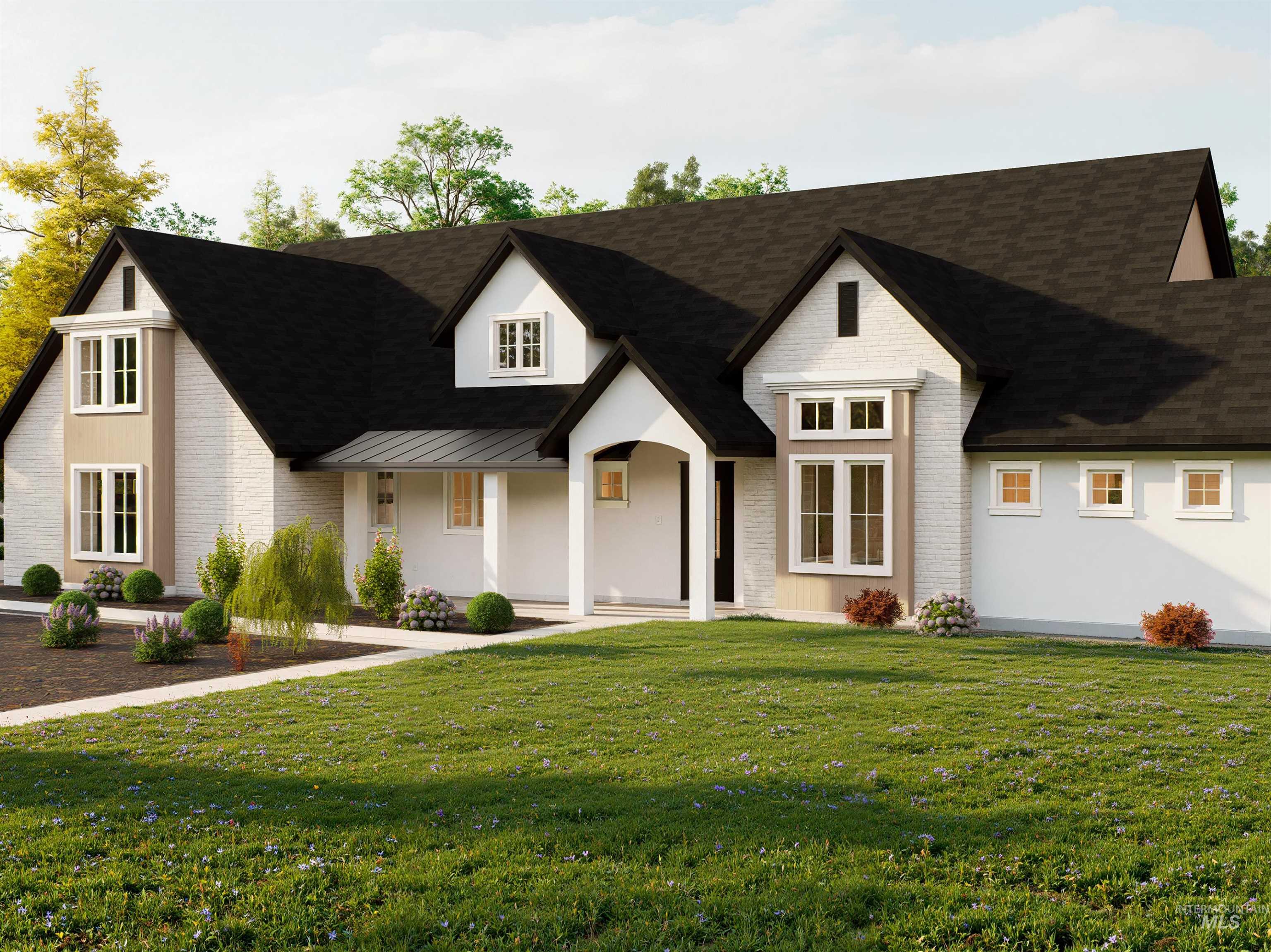 View of front of property featuring covered porch, a front lawn, brick siding, and roof with shingles