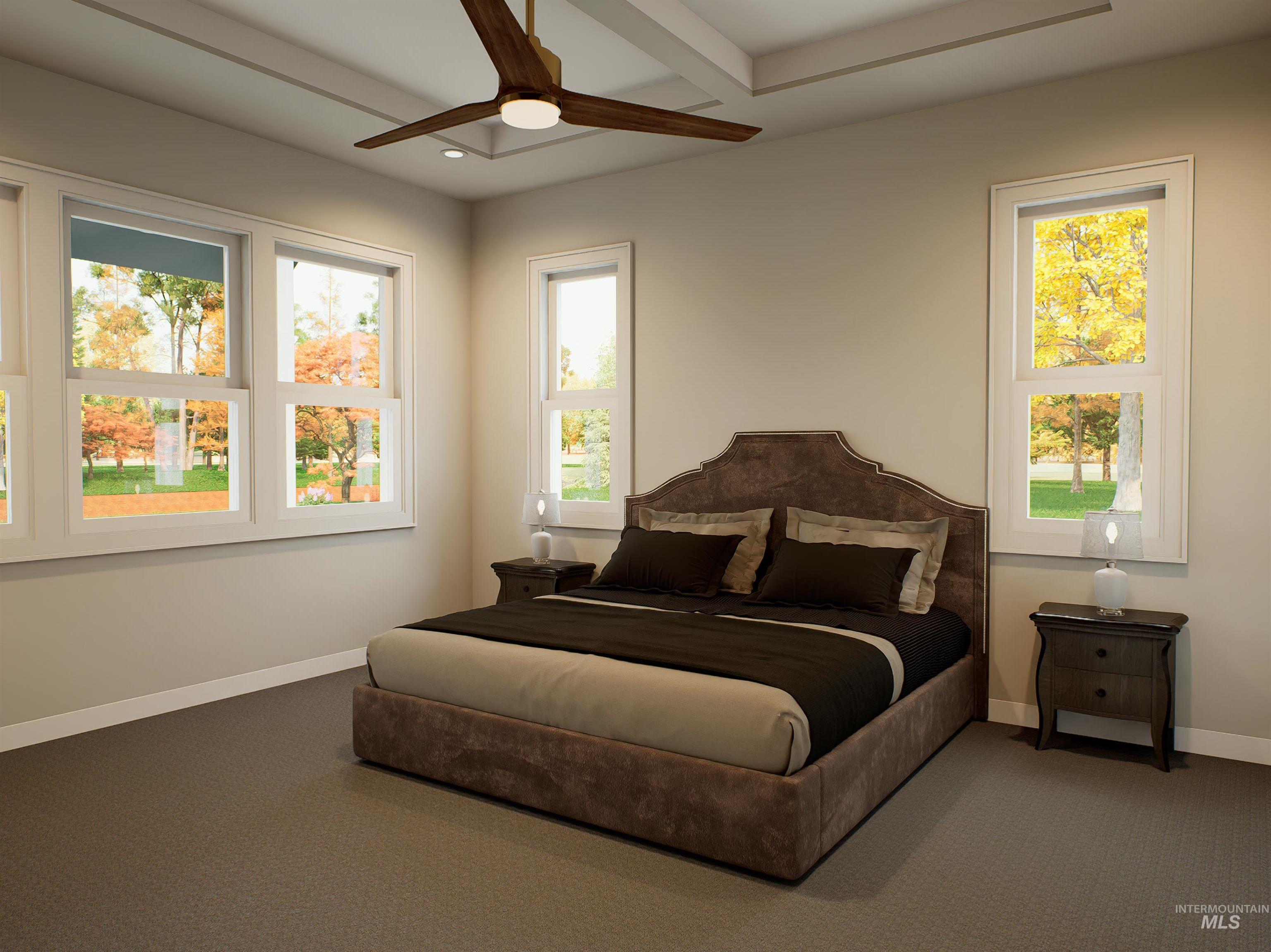 Carpeted bedroom with multiple windows, coffered ceiling, a ceiling fan, beamed ceiling, and recessed lighting