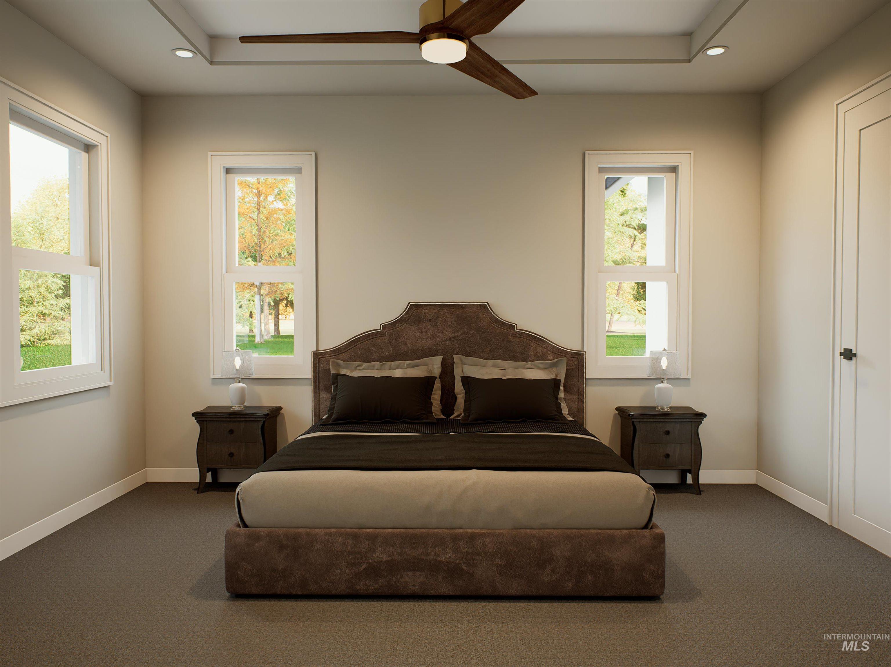 Carpeted bedroom with recessed lighting and ceiling fan
