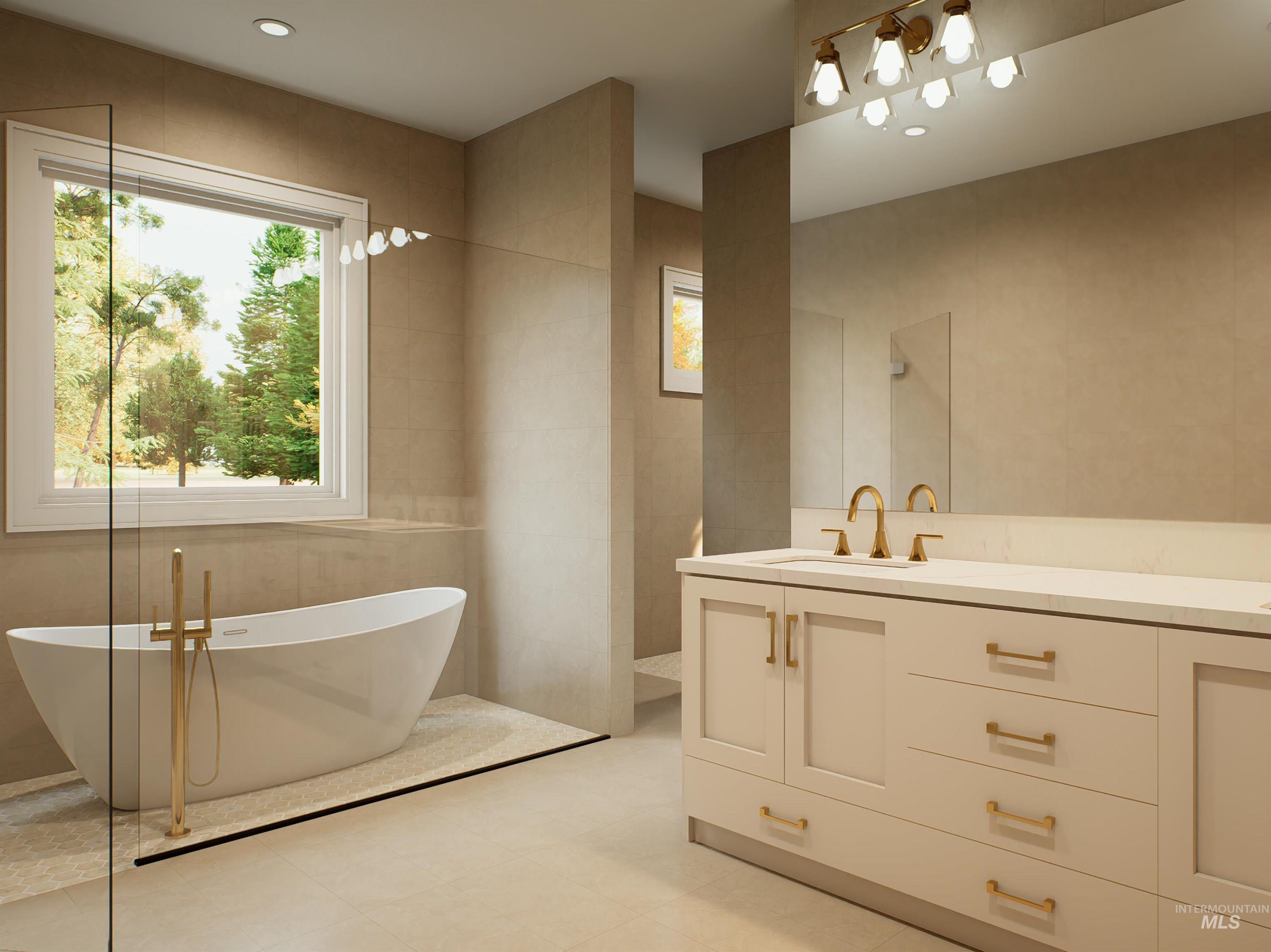 Full bathroom featuring tile walls, a soaking tub, double vanity, and recessed lighting