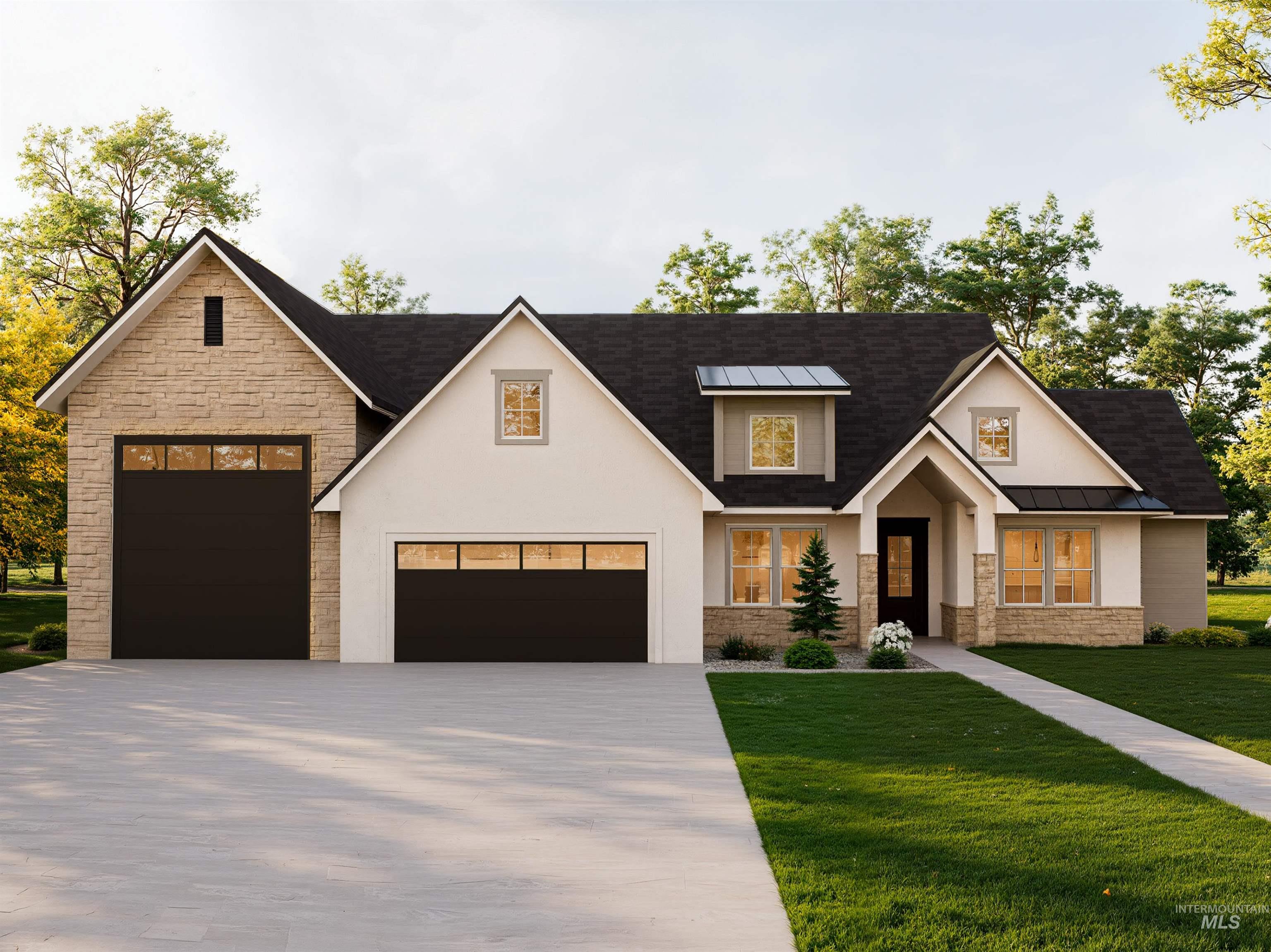 Modern inspired farmhouse featuring stone siding, a front yard, stucco siding, and driveway