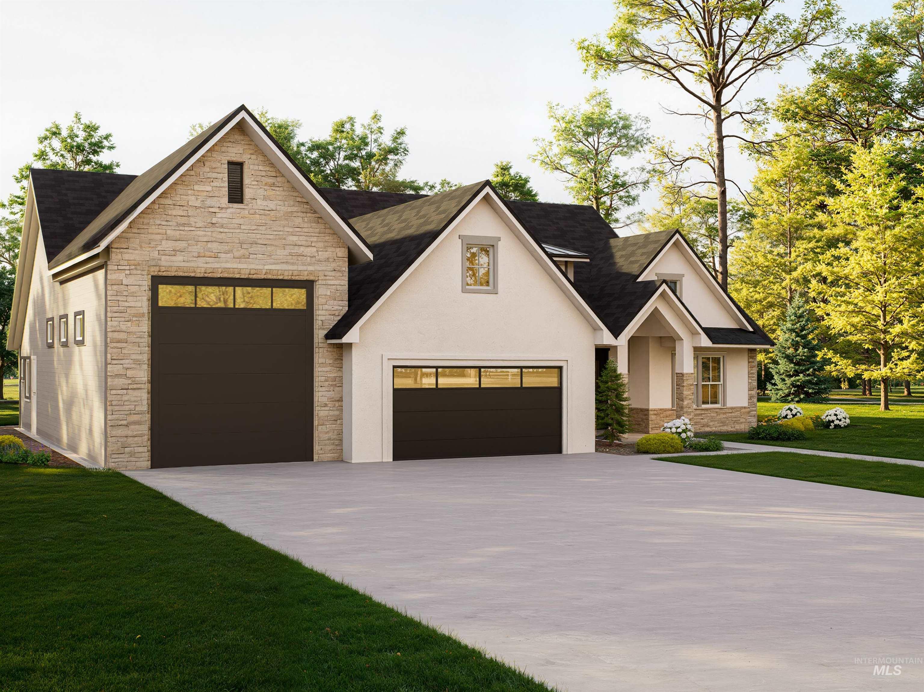View of front of home featuring stone siding, concrete driveway, a front yard, stucco siding, and an attached garage