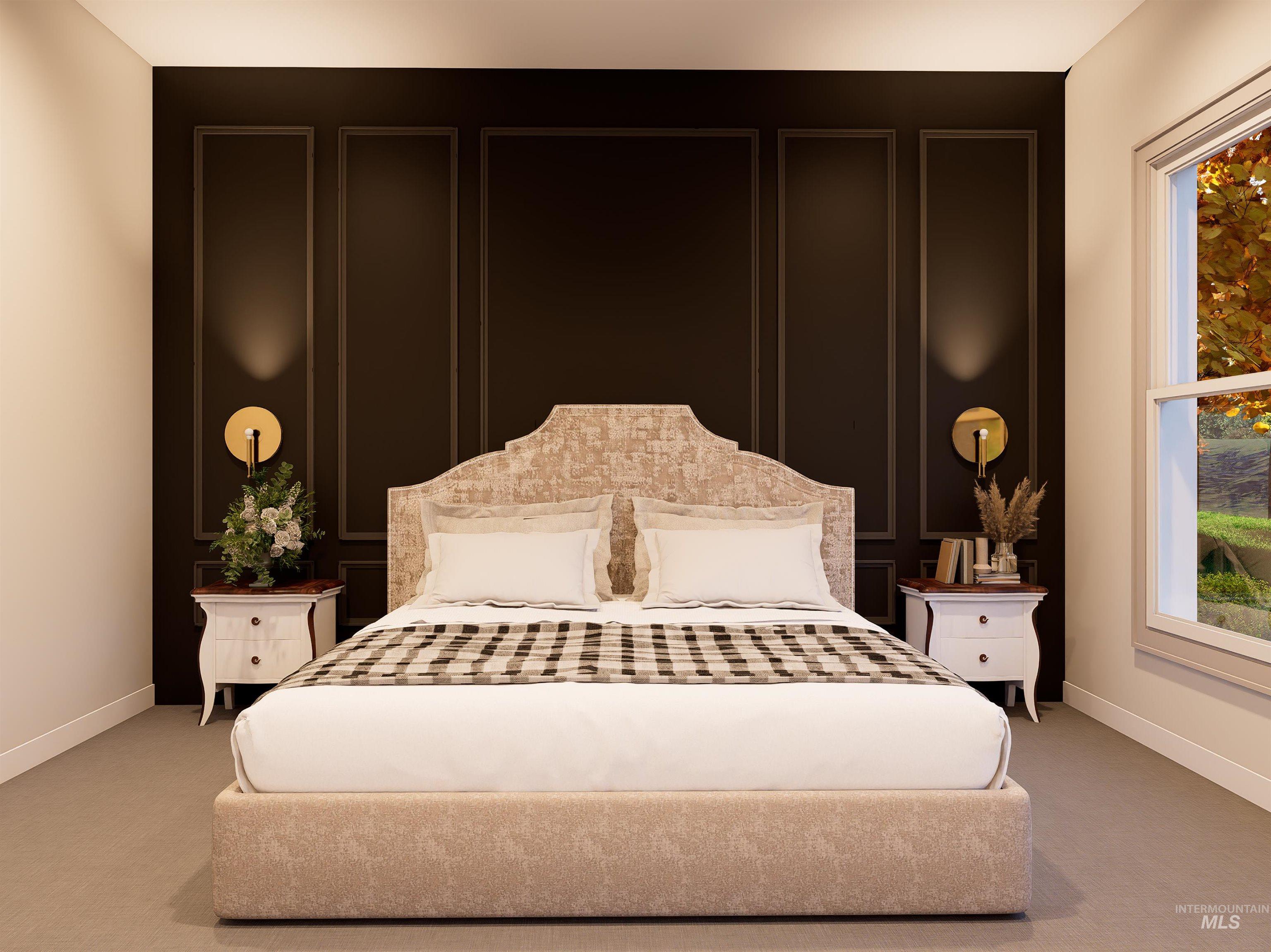 Bedroom with light colored carpet