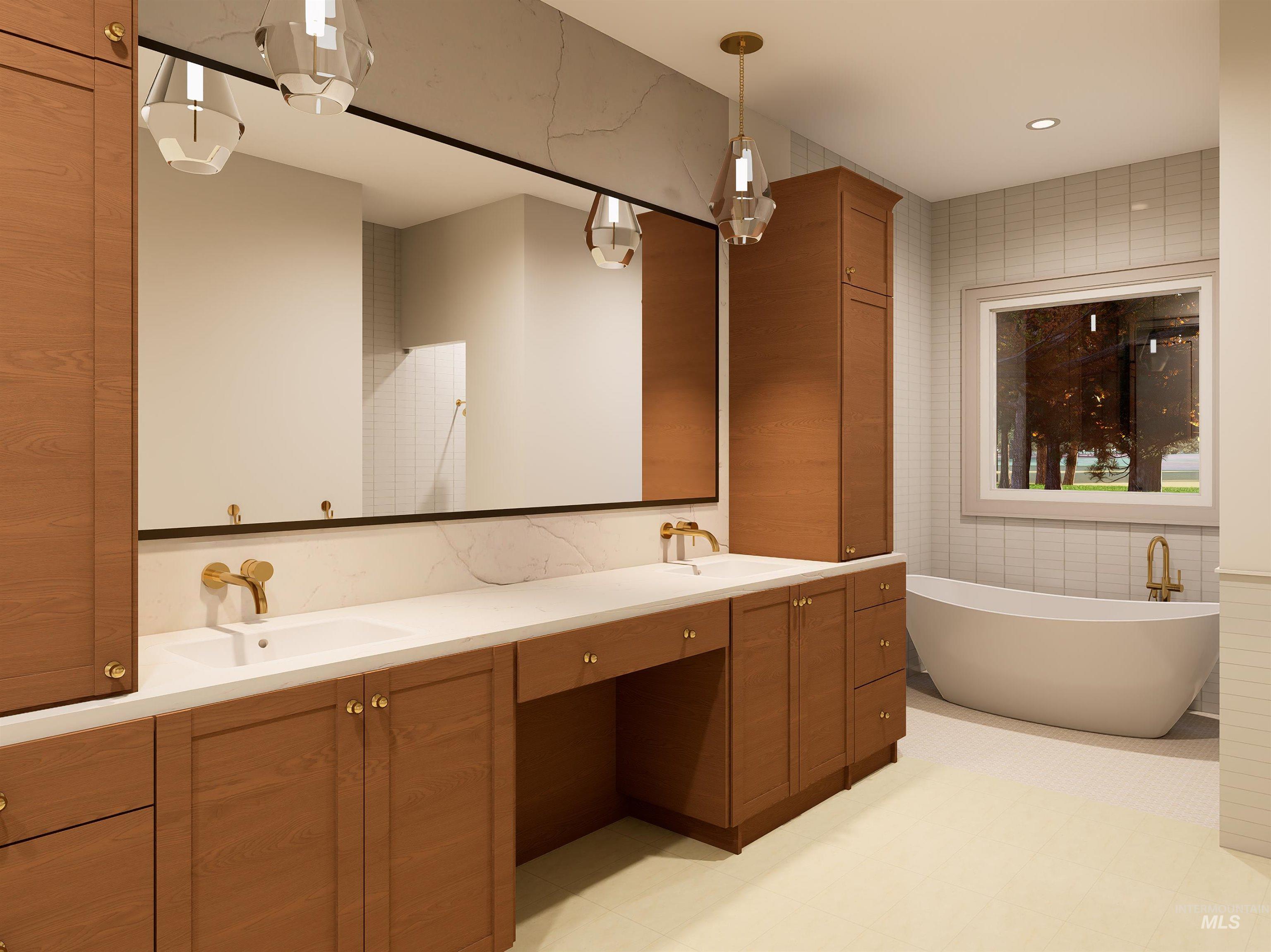 Bathroom with double vanity, a soaking tub, tile walls, and recessed lighting