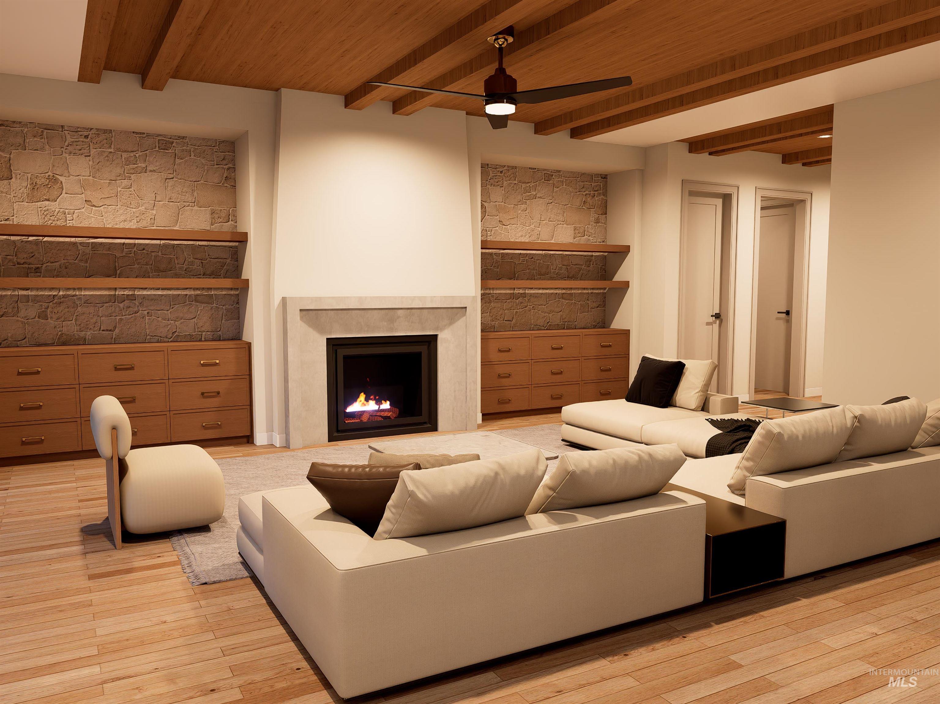 Living room featuring a premium fireplace, a wooden ceiling with exposed beams, a ceiling fan, and light wood-type flooring