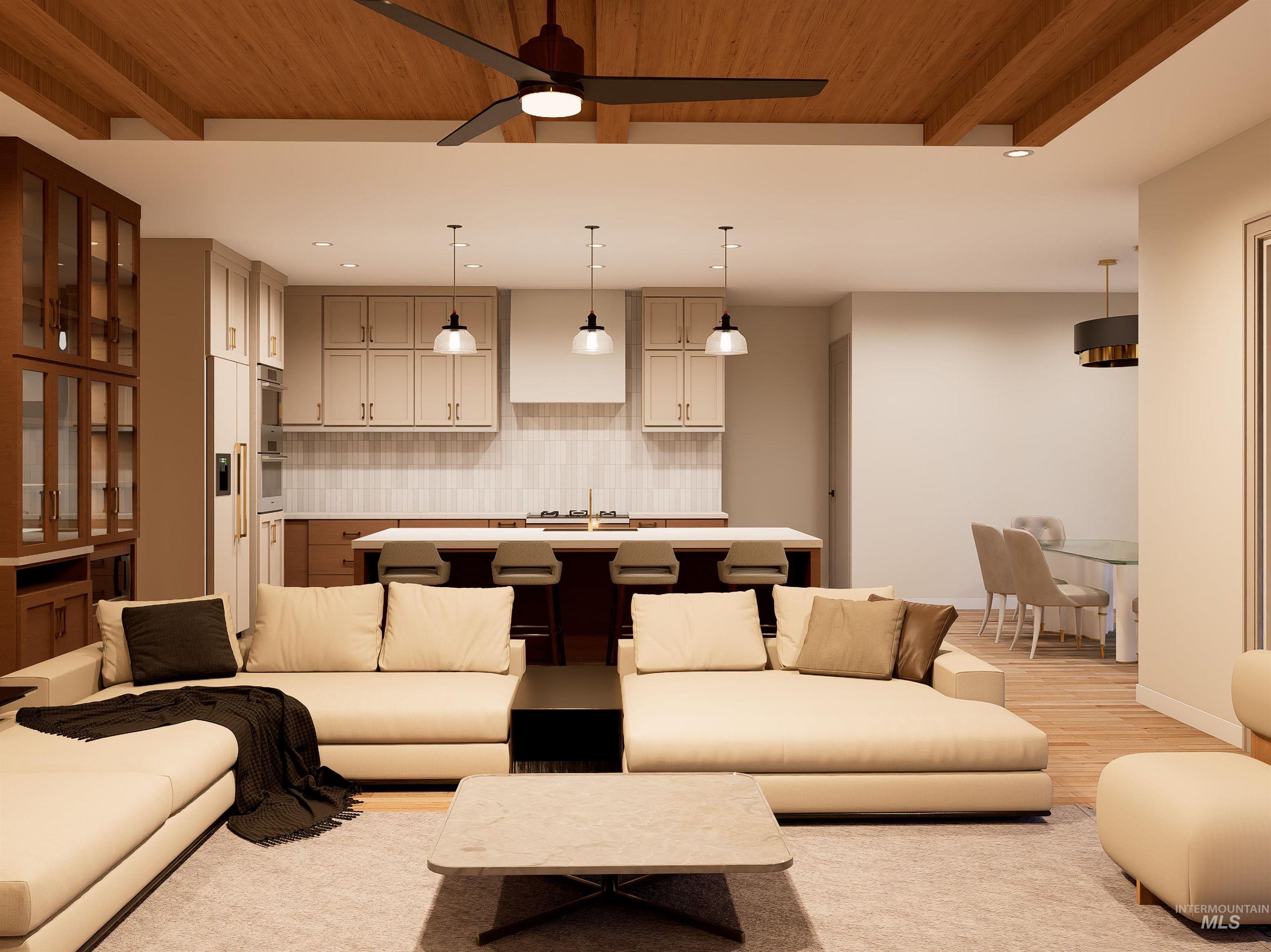 Living area with a wooden ceiling with exposed beams, a ceiling fan, and light wood-type flooring