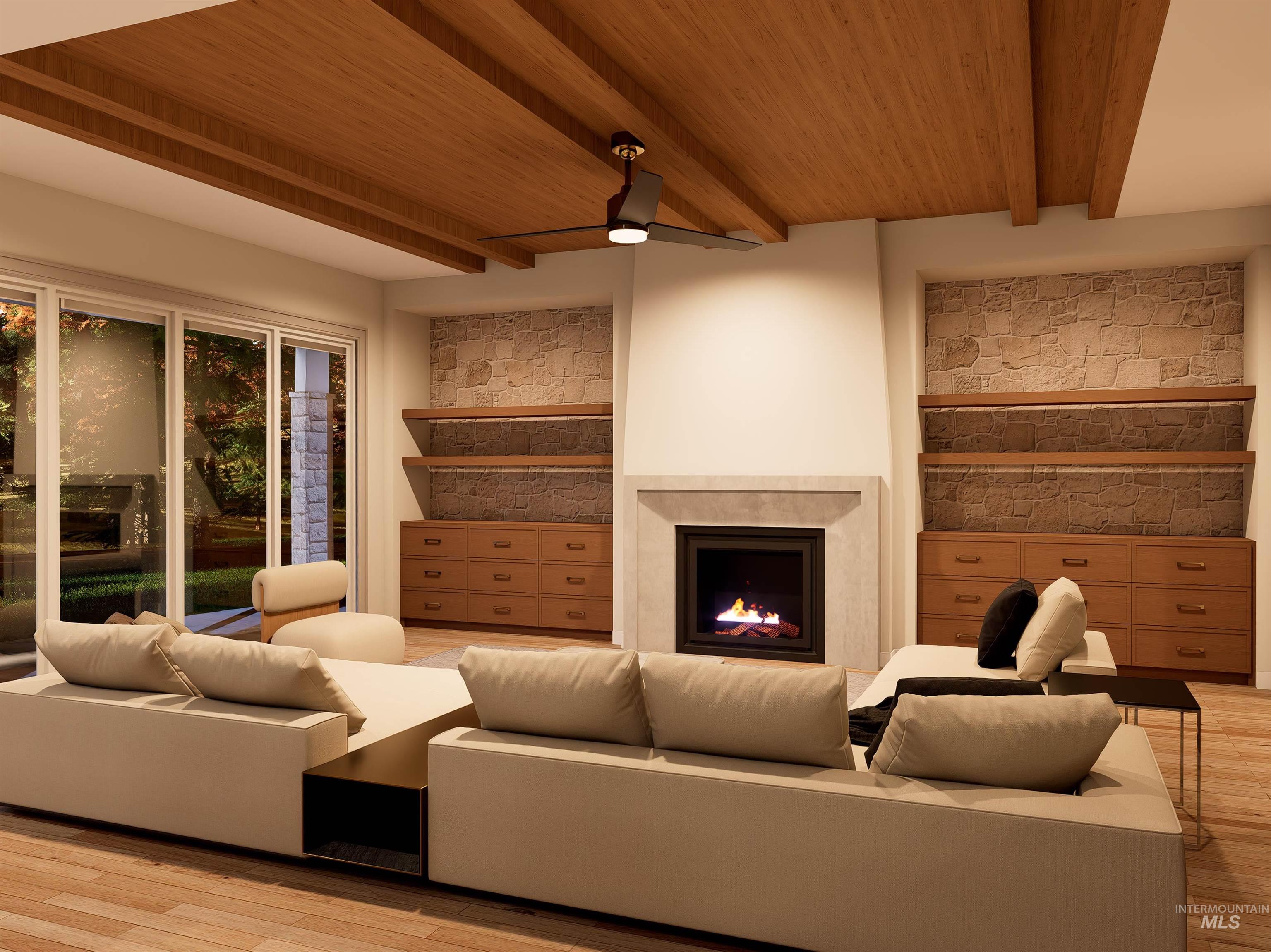 Living room featuring a lit fireplace, a wood ceiling with exposed beams, a ceiling fan, and light wood-style floors