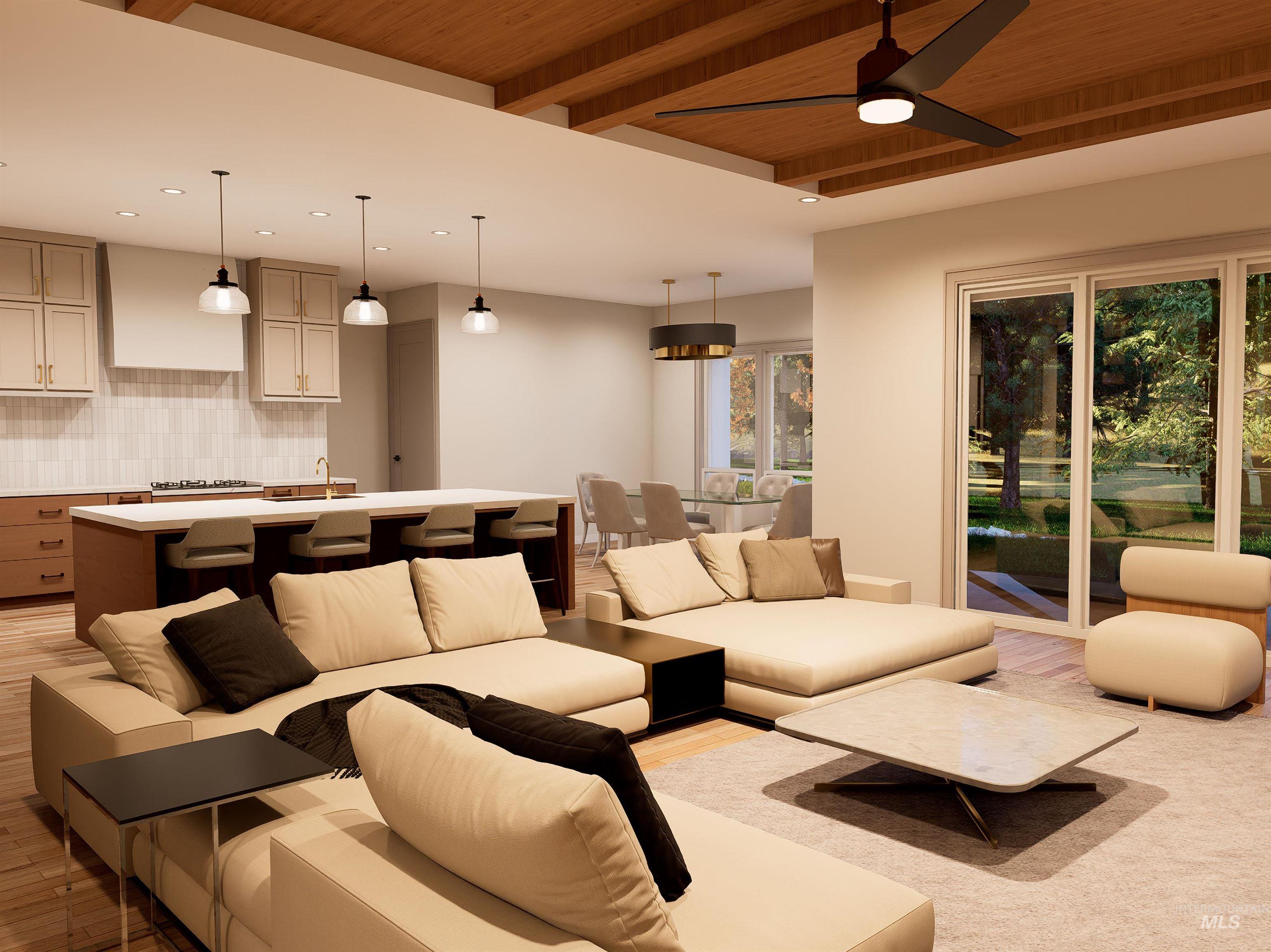 Living area with a wooden ceiling with exposed beams, a ceiling fan, and recessed lighting