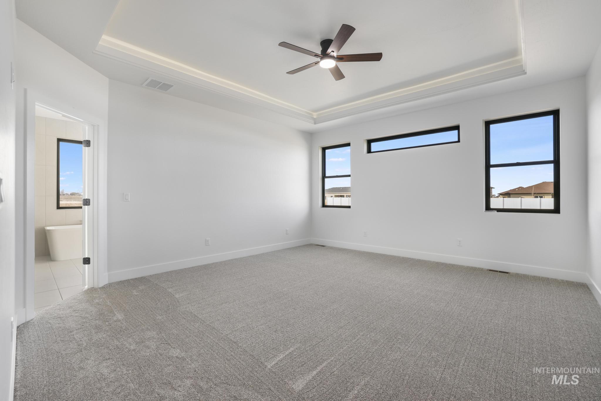 Unfurnished room with a tray ceiling, a ceiling fan, and light carpet