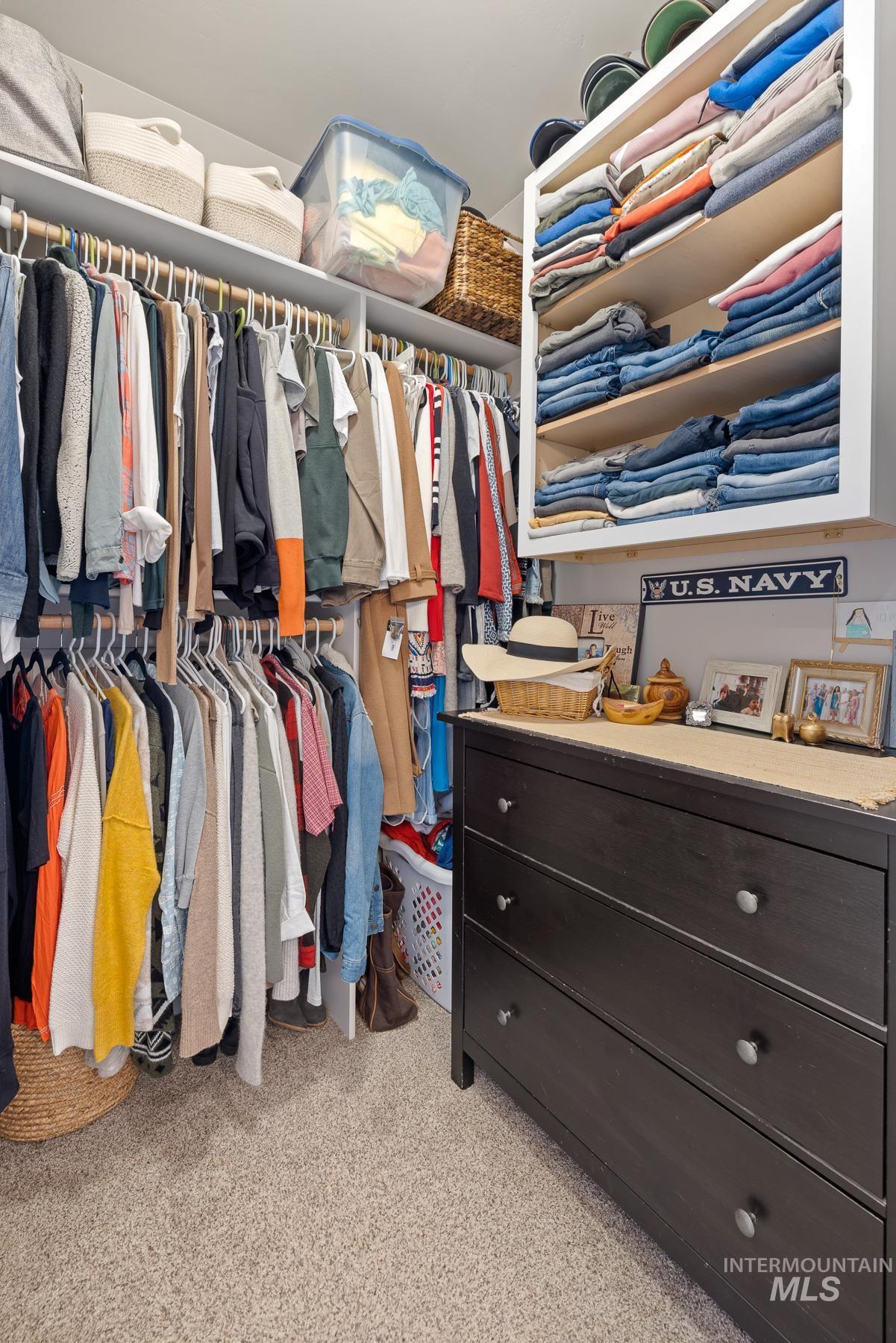 Spacious closet with light carpet