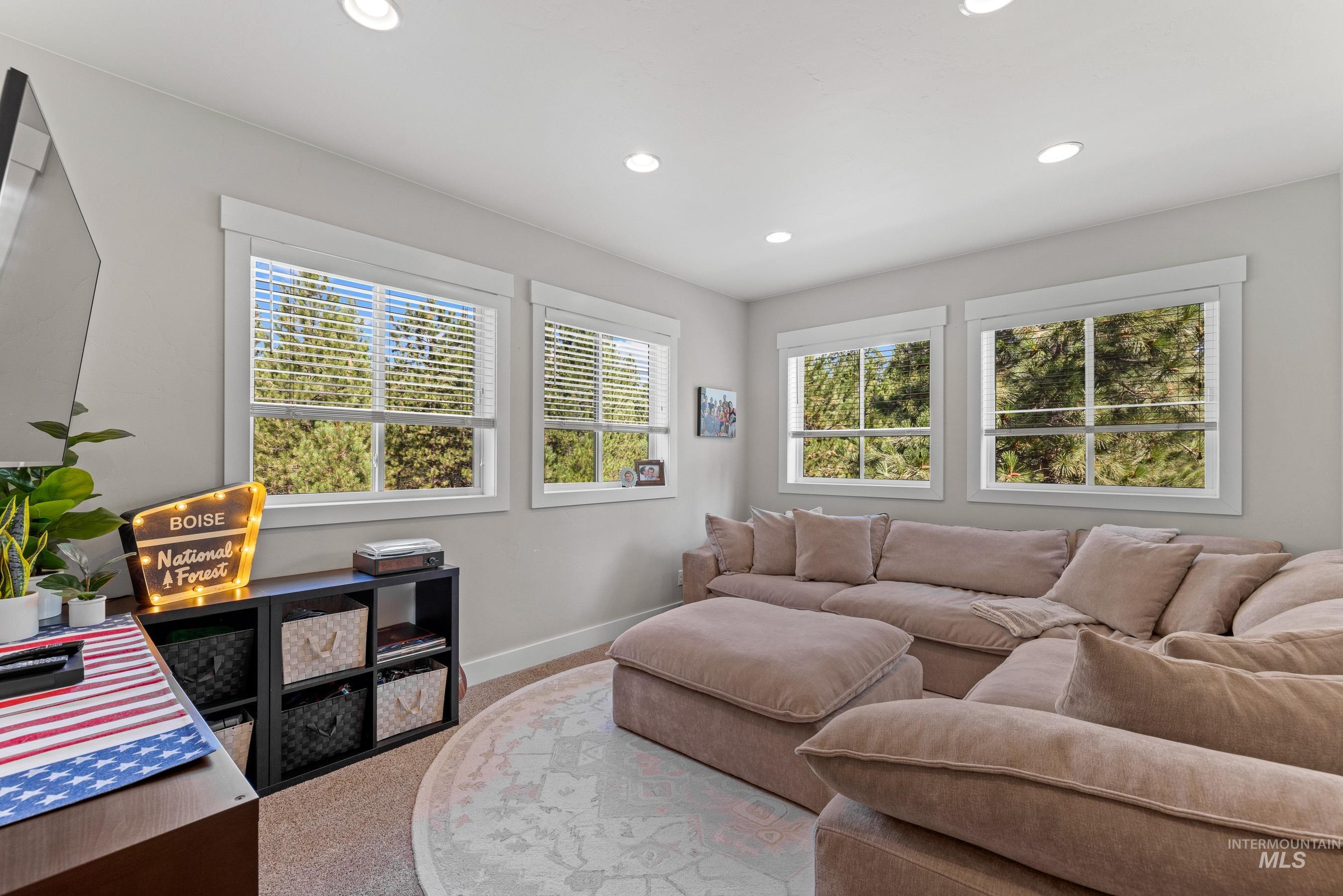 Living area with carpet and recessed lighting