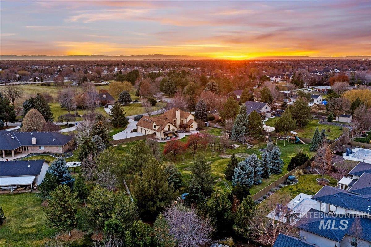 Aerial view at dusk of a residential view