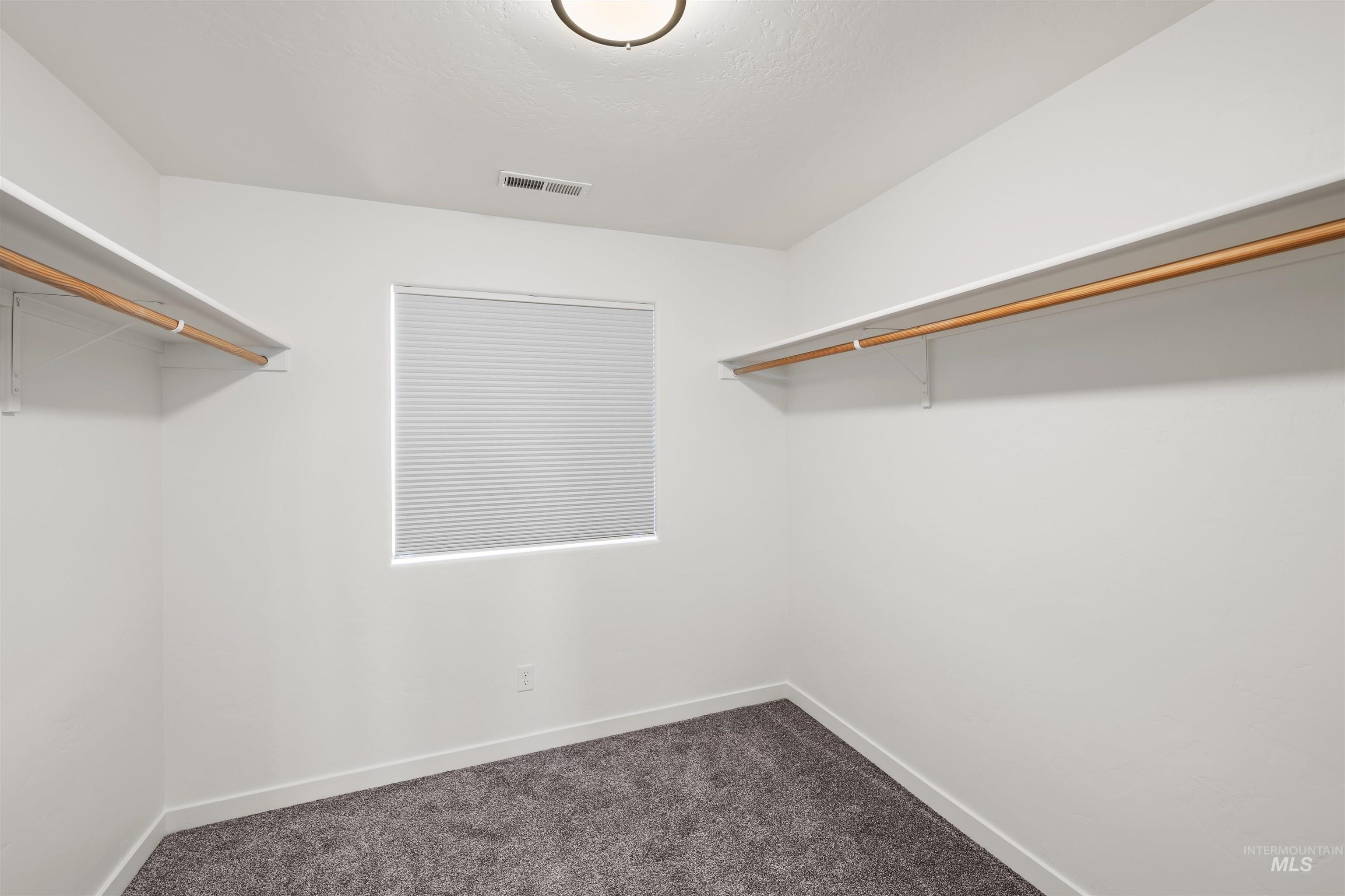 Spacious closet with dark carpet
