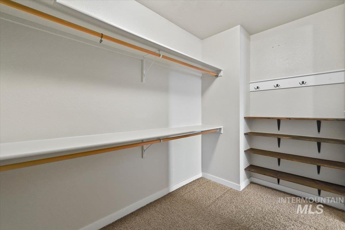Walk in closet with light colored carpet
