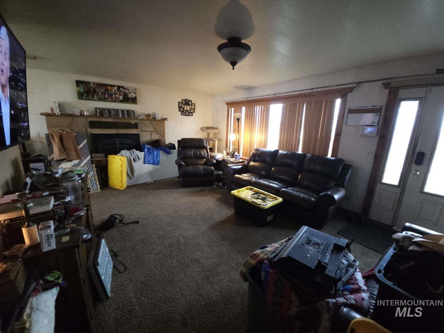 Carpeted living area featuring a fireplace