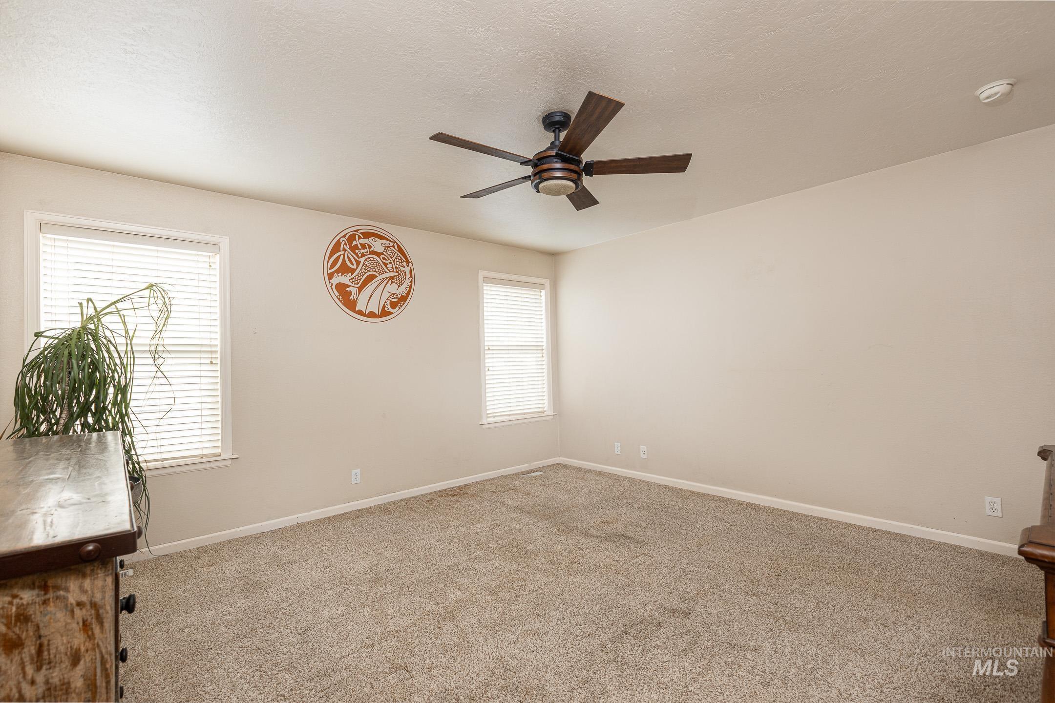 Empty room featuring carpet floors, healthy amount of natural light, ceiling fan, and a textured ceiling