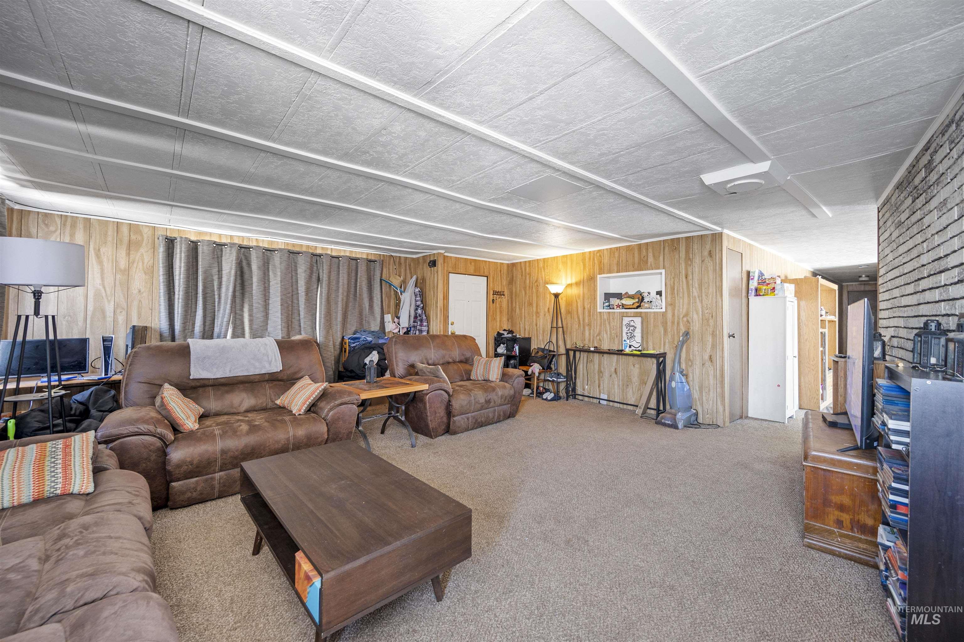 Living area featuring wooden walls and carpet flooring