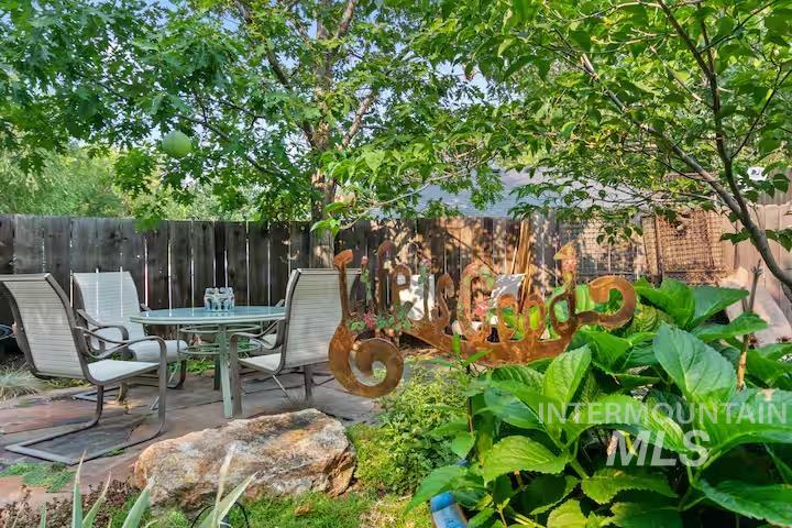 Fenced backyard with a patio