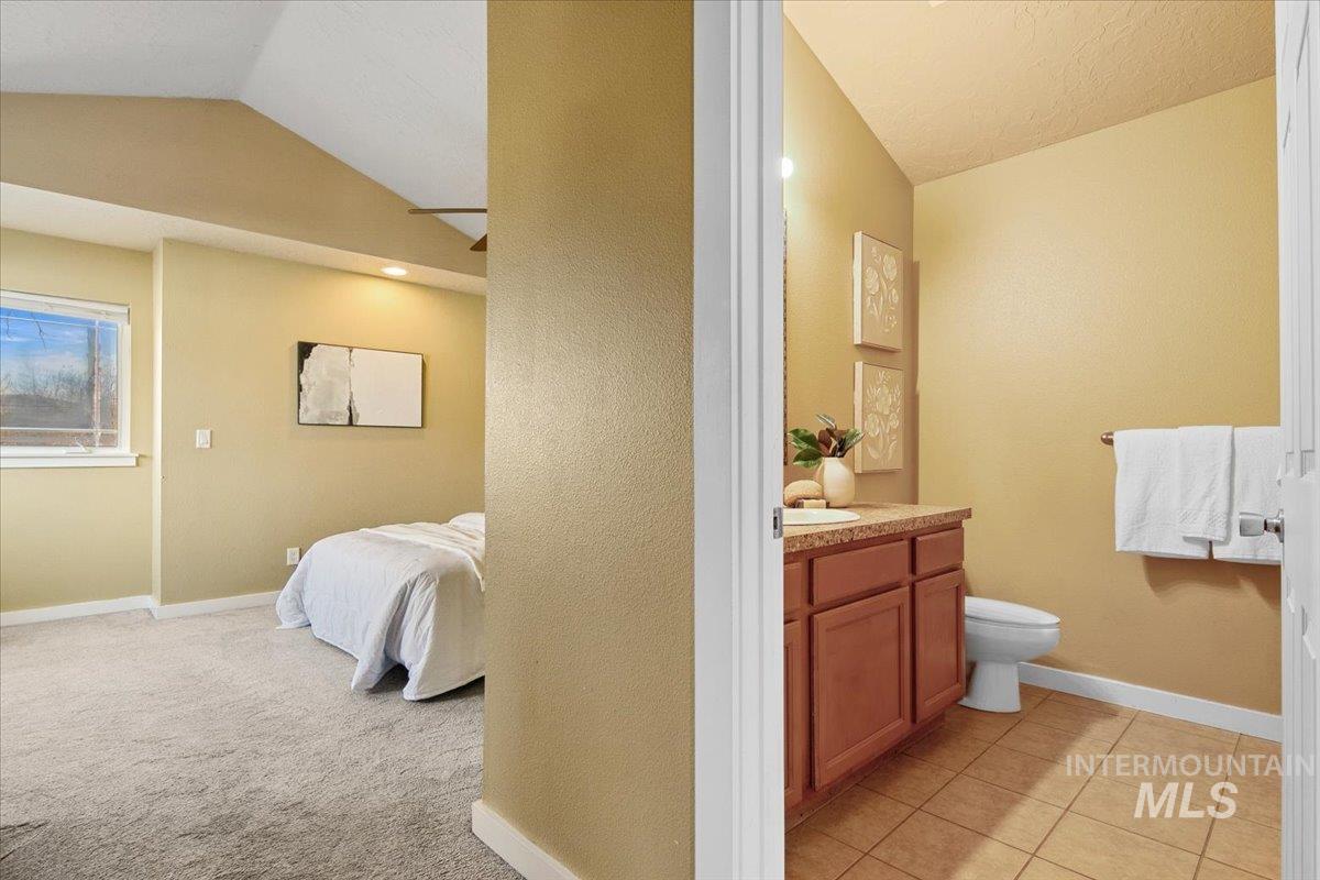 Ensuite bathroom with vanity, lofted ceiling, and light carpet
