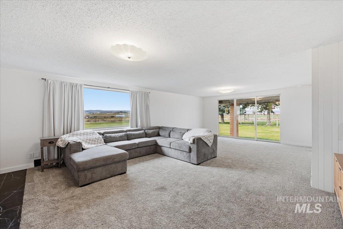 Living room with a textured ceiling and carpet