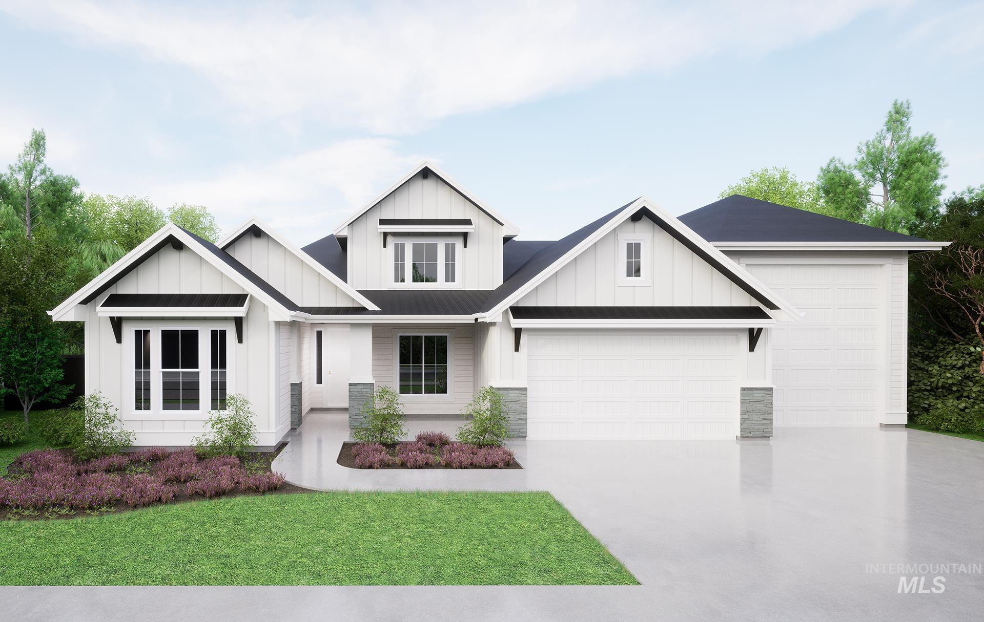 Modern farmhouse style home with board and batten siding, concrete driveway, a front lawn, and a garage