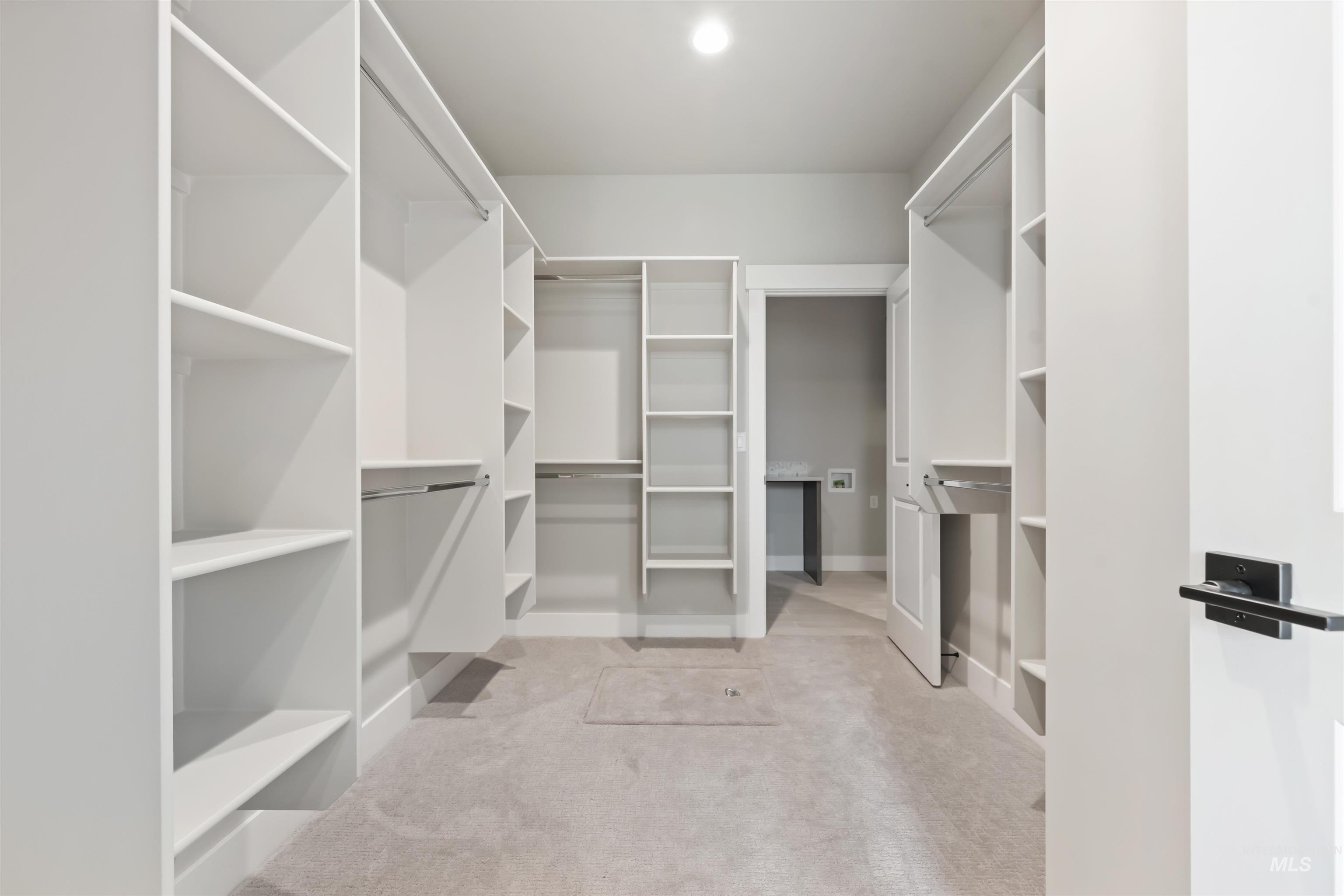Walk in closet featuring light carpet