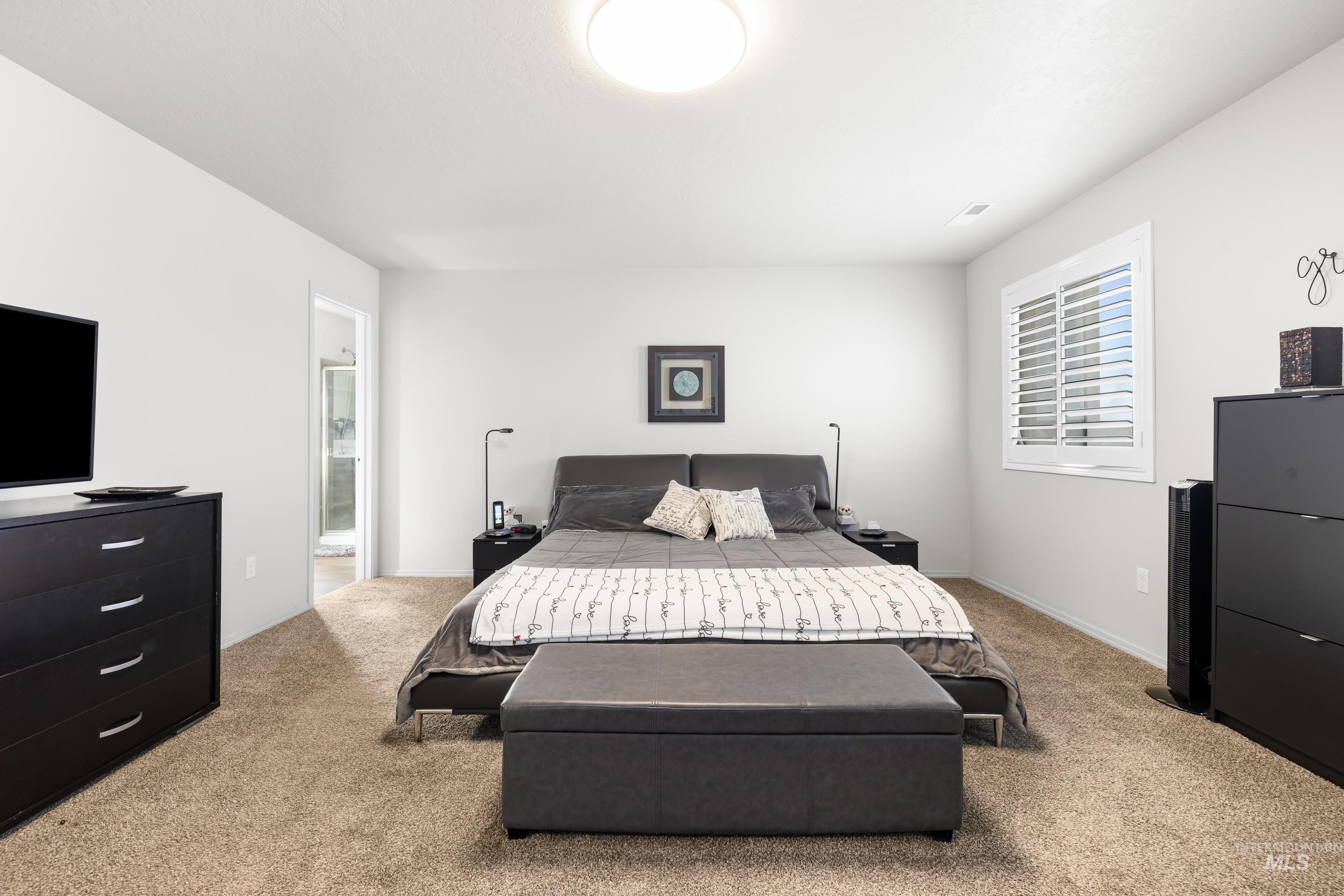 Carpeted bedroom featuring ensuite bathroom