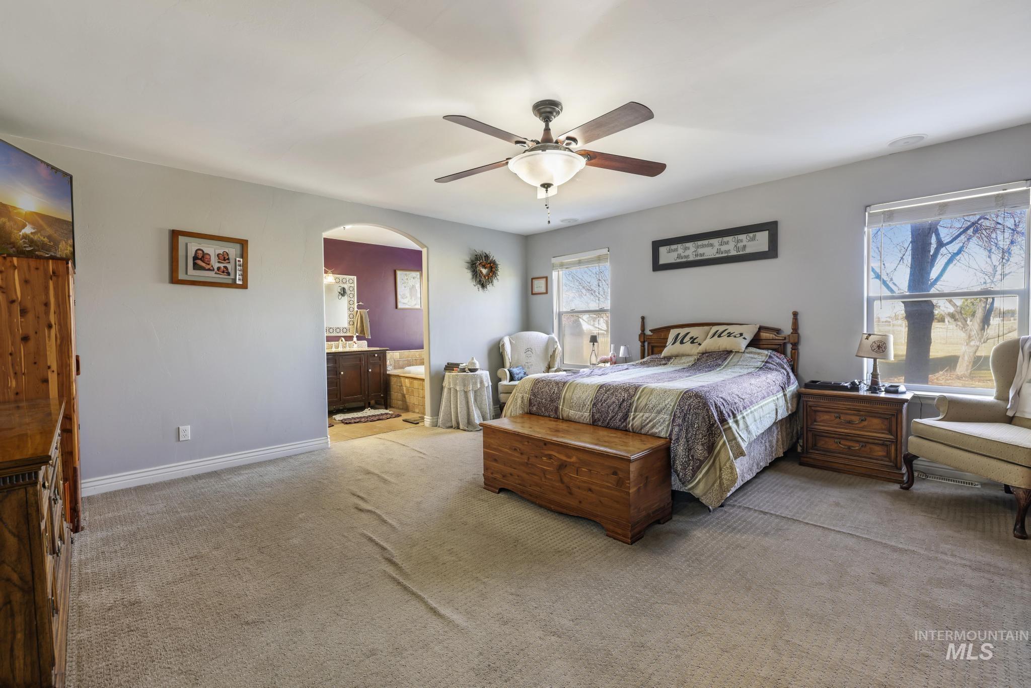Bedroom with a ceiling fan, carpet, ensuite bath, and arched walkways
