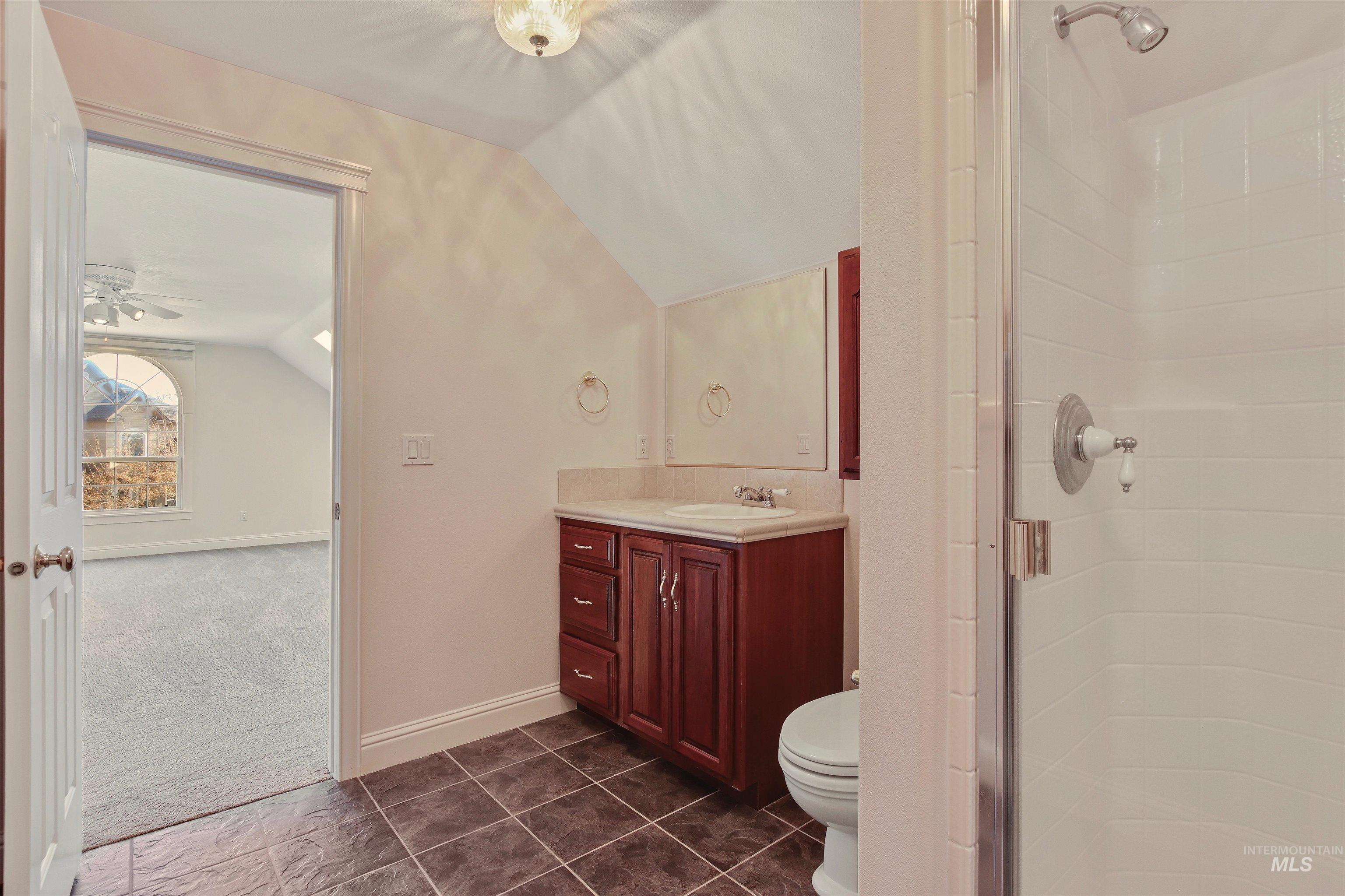 Full bathroom with vaulted ceiling, a stall shower, vanity, dark carpet, and dark tile patterned floors